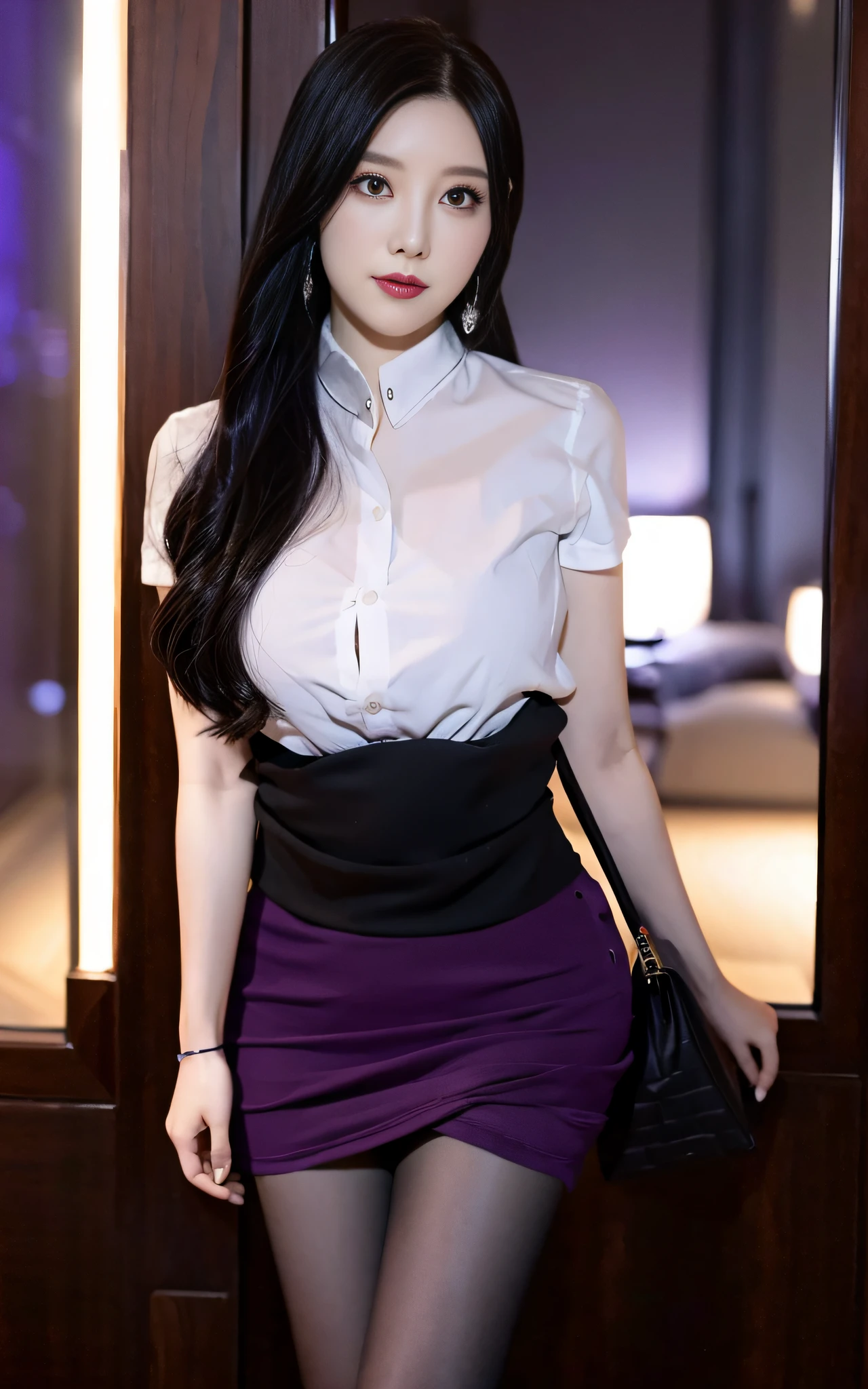 Charming Japanese style beauty、Brown hair、Evil Female Executive、Night city、Move ki、The Darkness、seductiv、brainwash、Retrofit equipment、Evil Fall、wicked、darkness、Purple Eyeshadow、black pantyhose、Evil Bride、Black pleated skirt、Dark