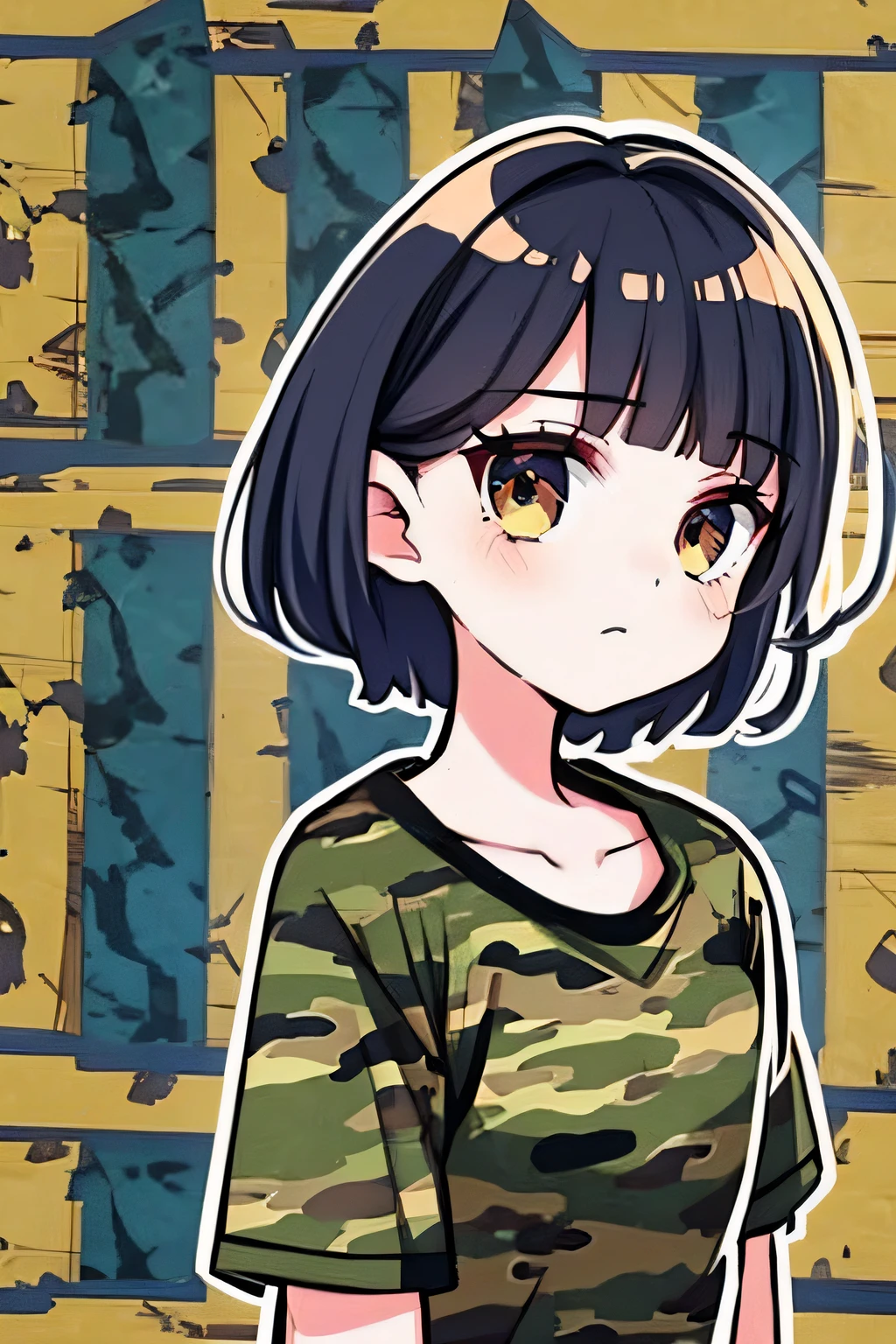 A young girl，Wear a camouflage T-shirt，A half body，short detailed hair，cartoonish style