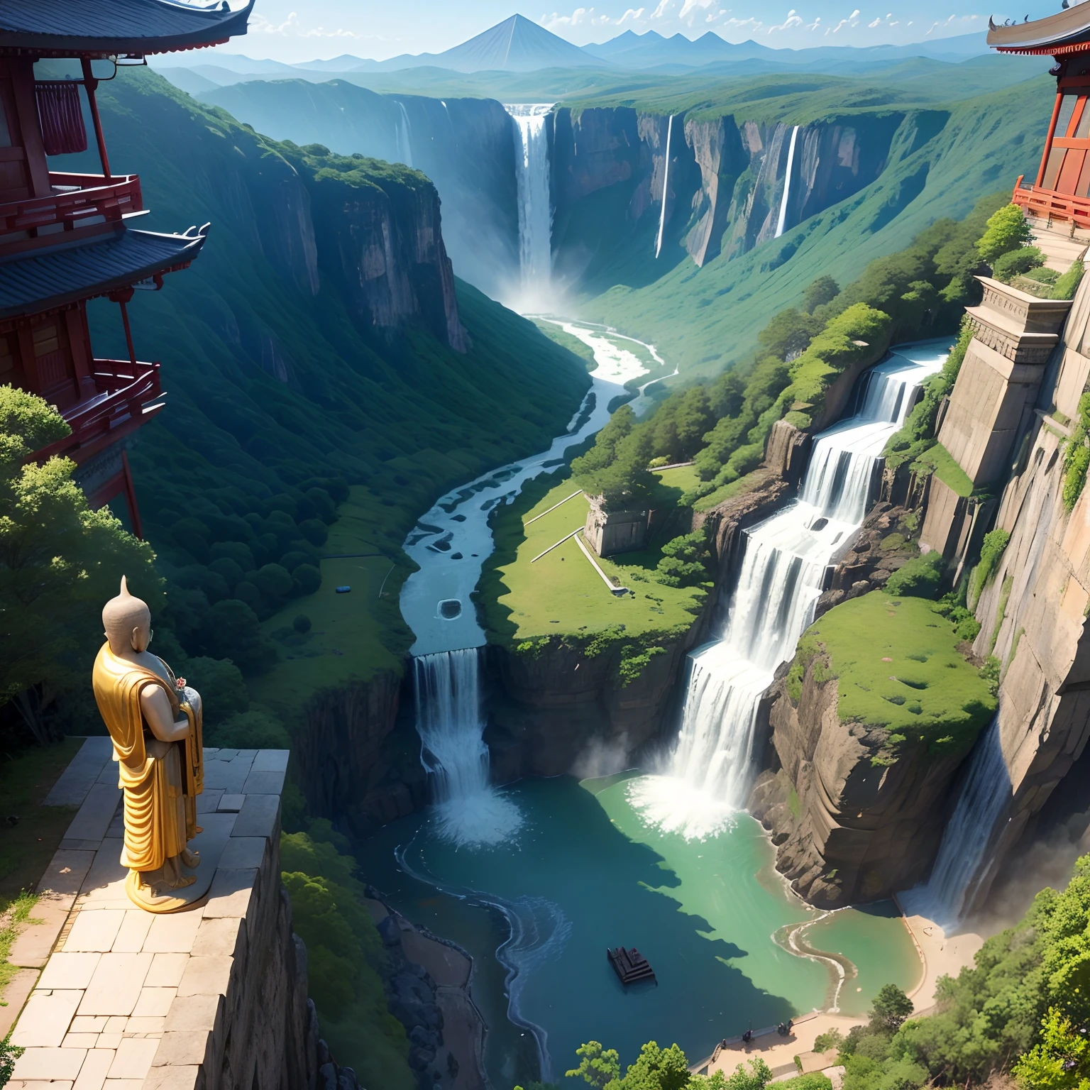 A huge Buddhist temple、Huge Buddha statue，Pyramids、huge waterfall，stairway，​masterpiece，History of the Earth，in isekai，Masterpiece，超A high resolution，mystical，