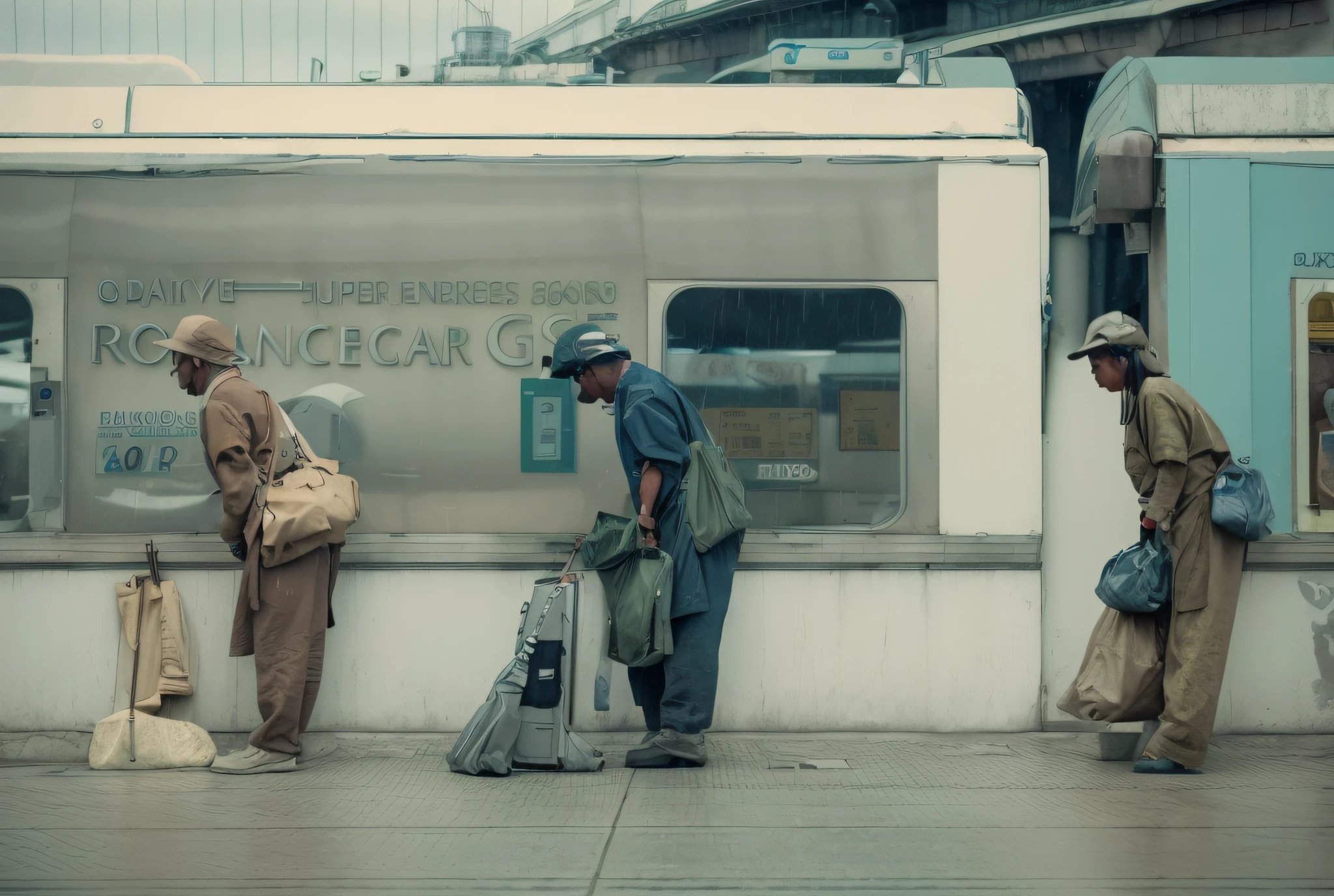 Three men in rain gear stand on the platform next to the train, pintura hiper real, alexey egorov, ultra-realistic realism, still from a wes anderson film, hyperrealistic painting, ultra-realistic realism, alex andreev, atey ghailan and steve mccurry, Hyper-realistic painting, still from a wes anderson film, photograph taken in 2 0 2 0