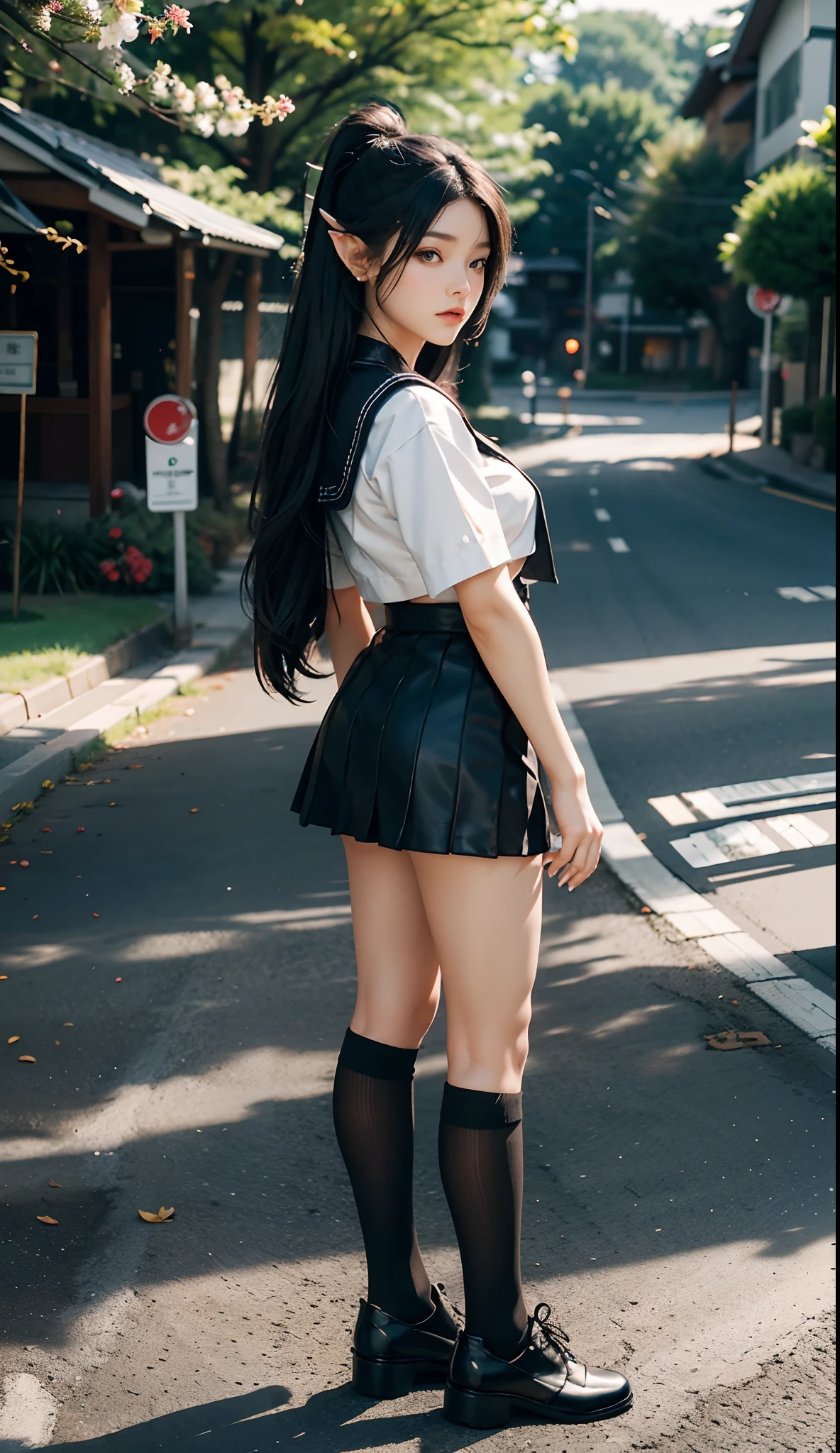 (Japanese-style school，the cherry trees：1 Elf beauty，standing on your feet，a sailor suit）， tmasterpiece， best qualtiy， RAW photogr，Meticulous facial portrayal，realisticlying， Incredibly Ridiculous res，(Elf long ears)， ear studs，hair pin， (Long flowing silver-black hair：1.9)，eye shadows，(a sailor suit)，eardrop，foot ring，short  skirt，(Black sport socks)（Black half-knee socks)，（Black sport socks），(Low-heeled leather shoes)，two longer legs，depth of fields， A high resolution， ultra - detailed， filigree， RAWE is very detailed， very detailed eyes and faces， Sharp pupils， realistic pupil， tack sharp focus， cinmatic lighting，full bodyesbian，Bigboobs，long leges，From the front side，dynamicposes，Normal posture，closeup of face