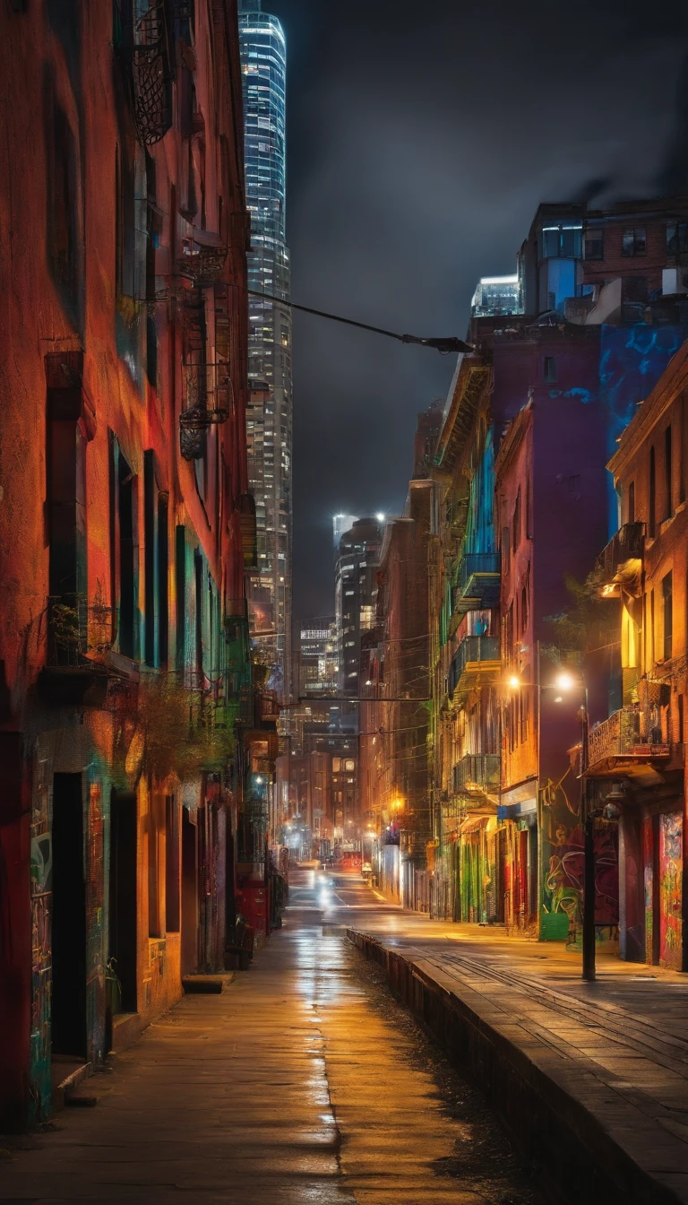 (graffiti art:1.2), vibrant colors, urban landscape, Miles swinging gracefully through the city