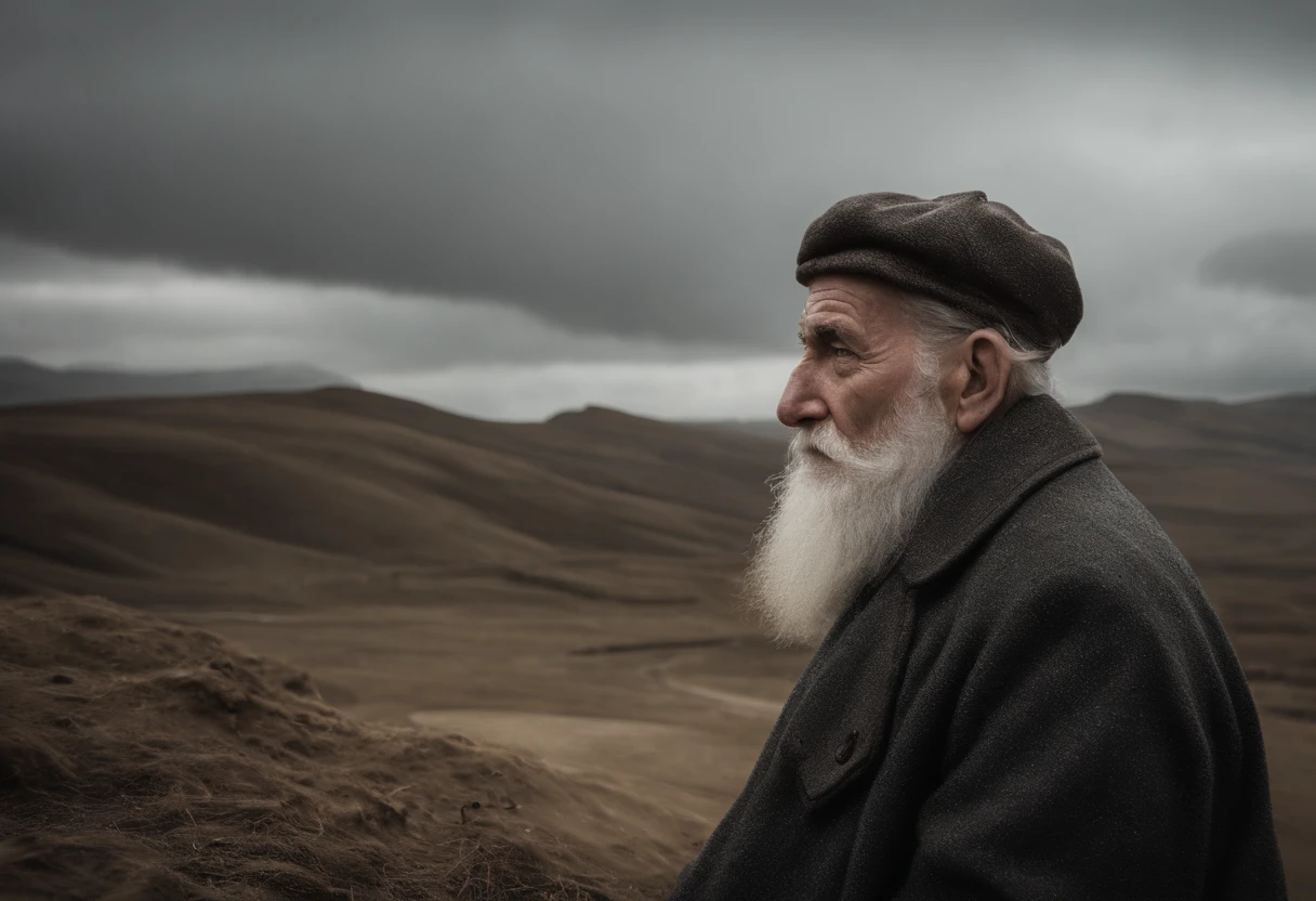 1 old man, hair white,sat on the ground,With his head bowed,saddened,Holding a photograph in his hand,overcast day,Very thick snow, Detailed background, Detailed textures, Outdoors