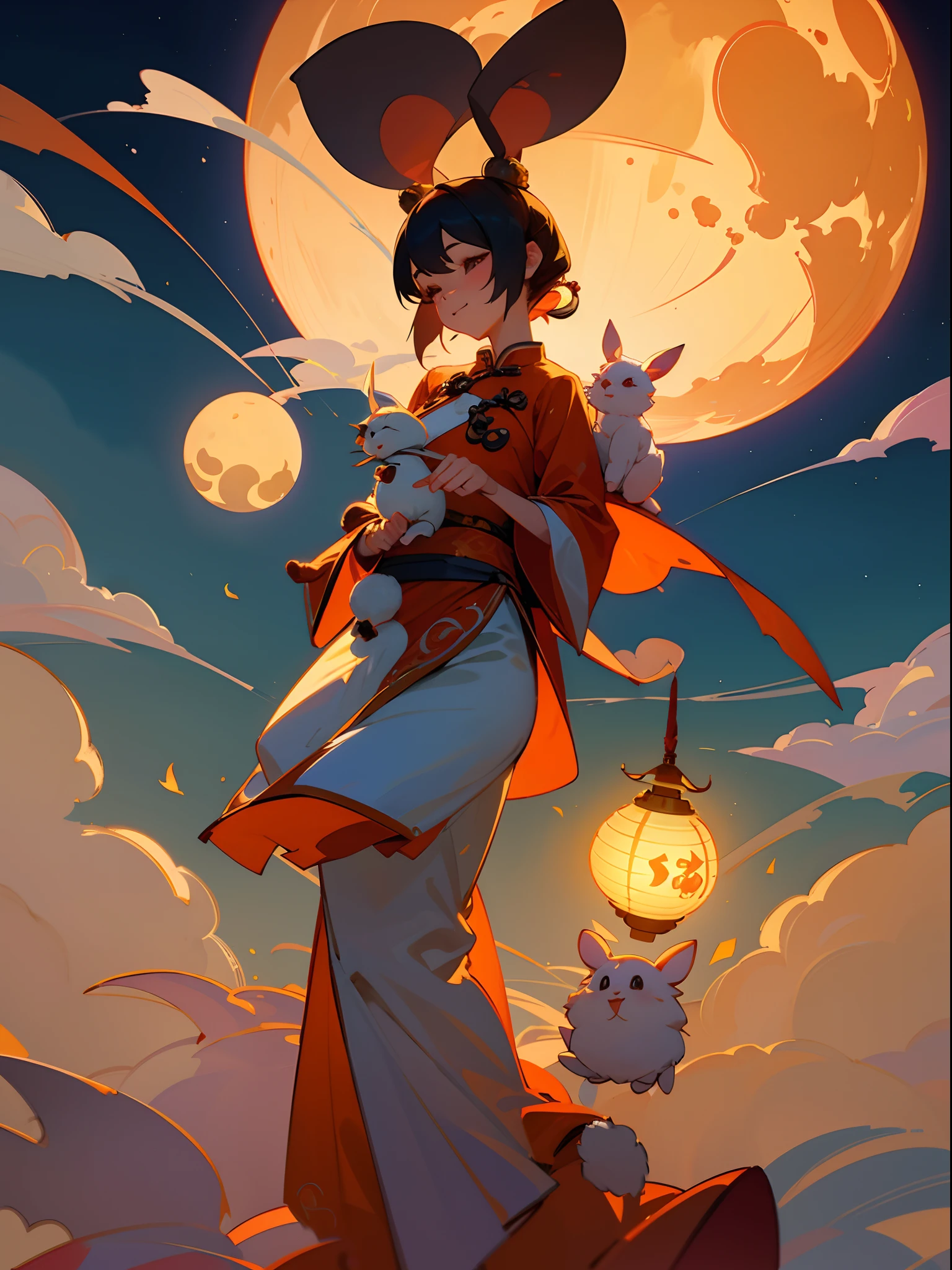 Mid-Autumn Festival,A lovely fairy,Wearing Chinese costumes,holding a lantern,Cute rabbit next to the girl,Lantern,Auspicious clouds,Behind the huge moon,a warm color palette,Abstract screen,ultra-realistic realism,pixar-style,3d effect,Disney style,clear contour light,rim-light,dream magical,spotlight lights,8k