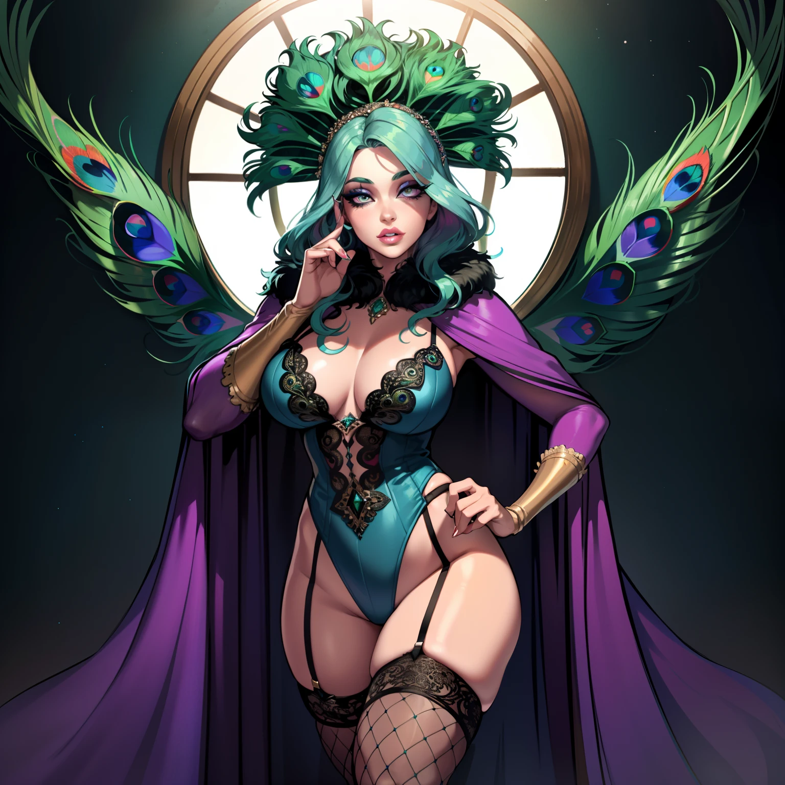 best quality,ultra-detailed,realistic,detailed face,beautiful detailed eyes,beautiful detailed lips,extremely detailed eyes and face,long eyelashes,female wearing peacock lingerie,rainbow hair,fair skin,wearing thigh high fishnet stockings,wearing fur lined sheer robe,solo,alone,concept art,portrait,vivid colors,colorful lighting