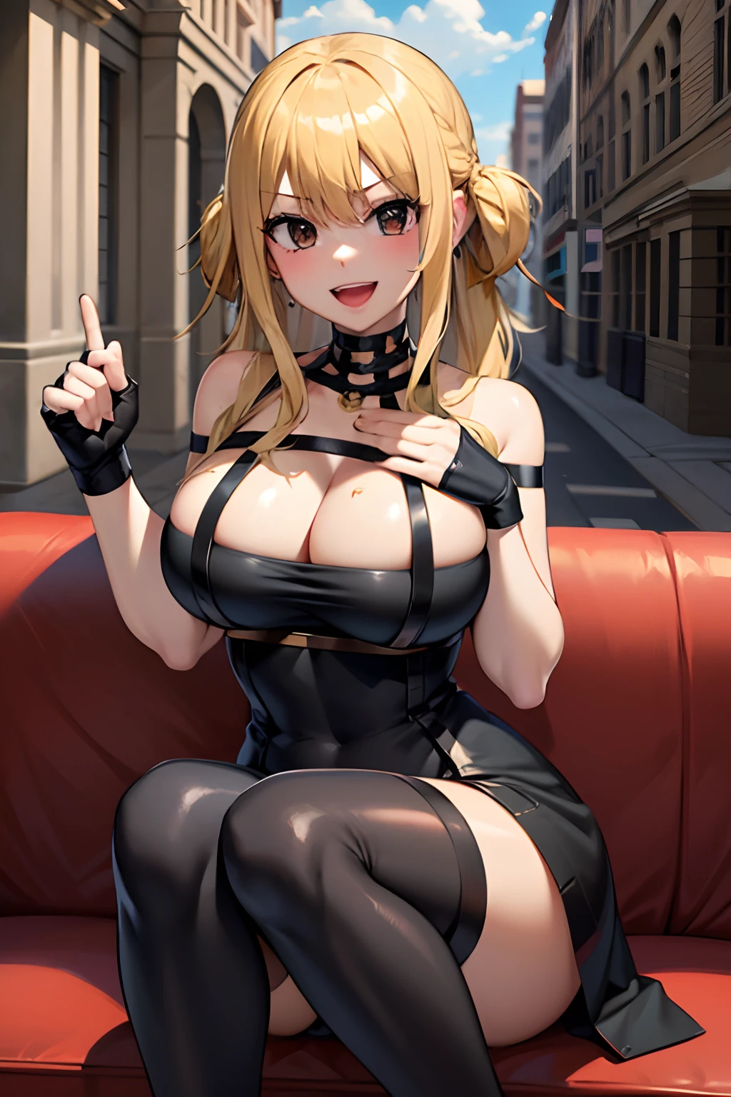 Master masterpiece, top-quality, High Definition, , Lucy Heartphilia, blonde  hair, length hair, large full breasts, Smile with open mouth, Solo、absurderes、Black Dress、black thighhighs、Fingerless gloves、cleavage of the breast、plein air