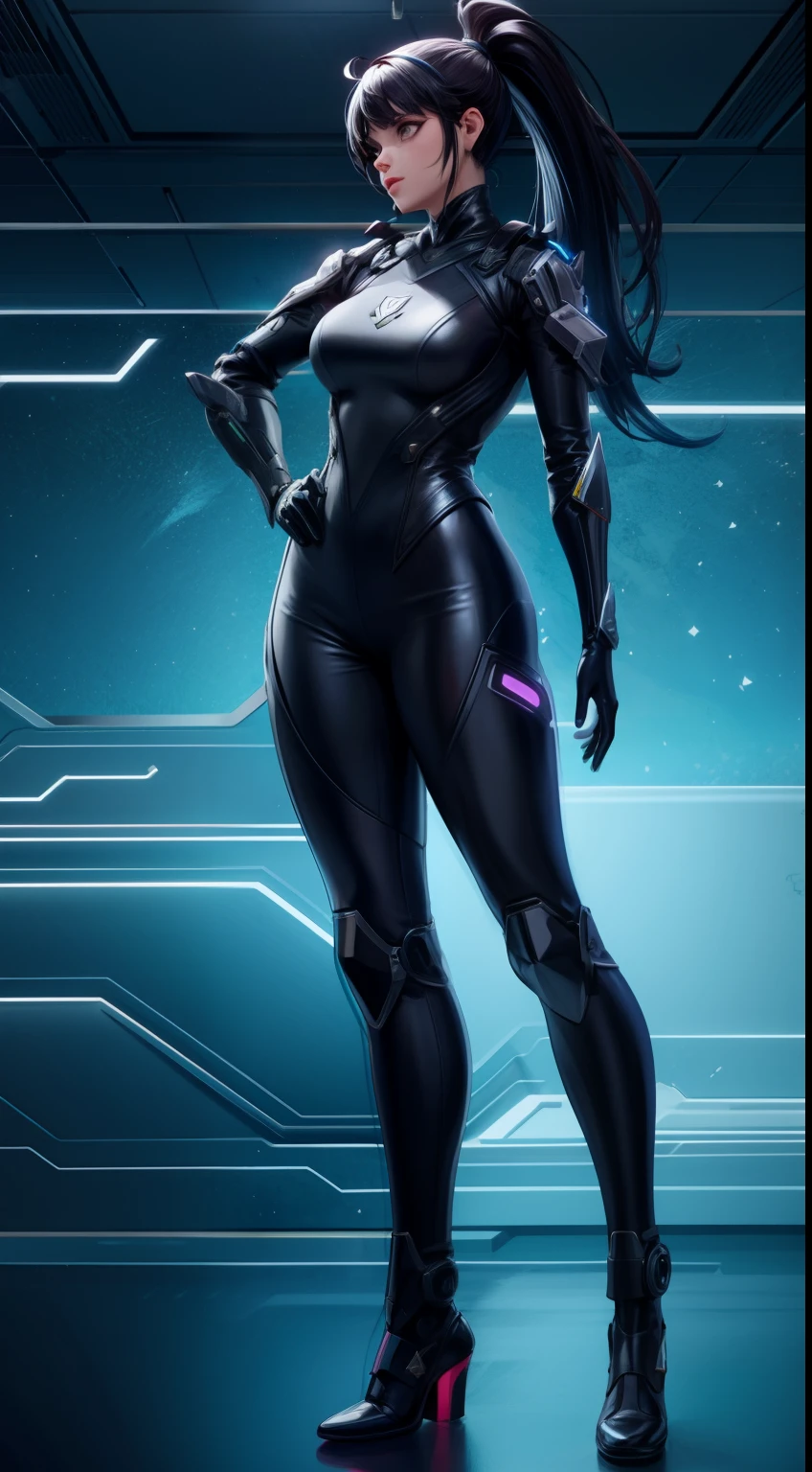 solo, super fine photo, full body picture Unreal Engine 5 8K UHD of a girl, wearing black tight shiny suit with cybernetic details, high-tech armor, long black glove, ponytail hair, half face cybernetic mask, cyberpunk character, futuristic city fantasy background, best quality, masterpiece, unified 8k wallpaper, super detailed, sharp focus, female pose