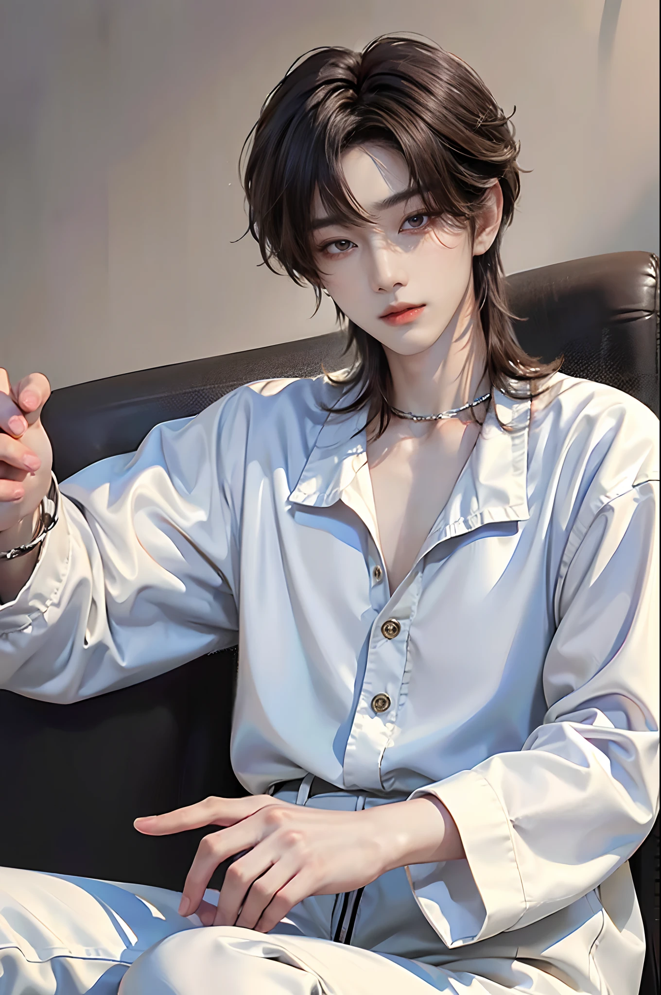 ​masterpiece、（top-quality)、((high-level image quality))、One Manly Boy、Slim body、((White Y-shirt and long black pants))、(Detailed beautiful eyes)、Stylish homeroom、Take a selfie while sitting with your back to the wall、Face similar to Chaewon in Ruseraphim、((short hair above the ears))、((Smaller face))、((Neutral face))、((Light brown eyes))、((Korean boy))、((18year old))、((Handsome man))、((Wild look))、((Korean Makeup))、((elongated and sharp eyes))、((Sit next to the viewer))、((selfy))、((Shot close to the face))、((Close-range shooting))