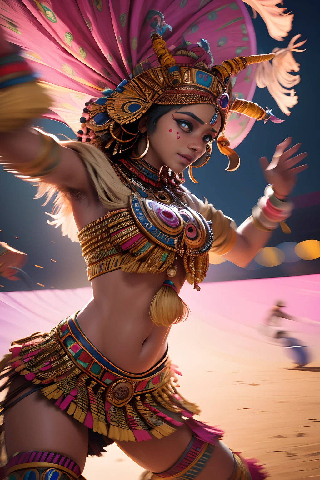 afrofuturism rajasthani tribal dancers in motion at a carnival in the style of national geographic candid photography. 8k, UHD, dynamic imagery, intricate detail, dynamic, dramatic lighting, pastel colours. close-up. super realistic. cinematic. Blurred rustic background. light haze.