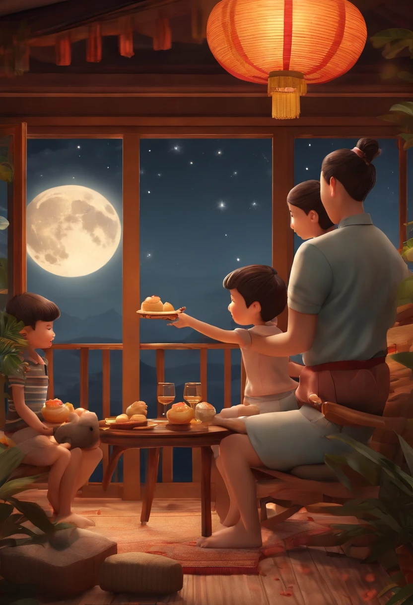 (top-quality、8K、tmasterpiece:1.3)、Full moon and stars in sky illustration,The family sits together eating mooncakes,Mom and dad laugh with the kids,Have in the living room、Bright house scene,extremely detailed face and skin,Heartwarming scene,perfect detail