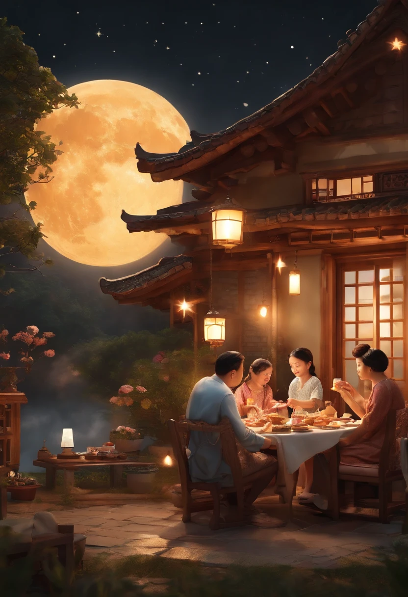 (top-quality、8K、tmasterpiece:1.3)、Full moon and stars in sky illustration,The family sits together eating mooncakes,Mom and dad laugh with the kids,Have in the living room、Bright house scene,extremely detailed face and skin,Heartwarming scene,perfect detail
