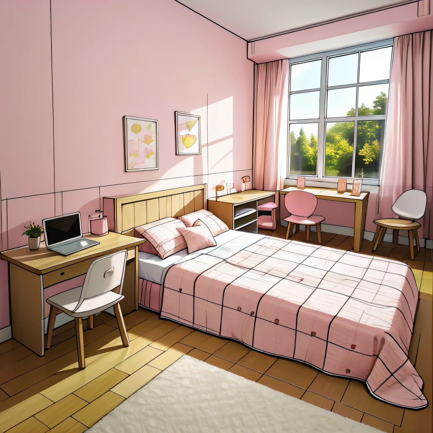 Bedroom scene，Right perspective，Beds，Pink mattress，Brown bear dolls，An open window，There are curtains，Computer desk，laptop，Wooden photo frame