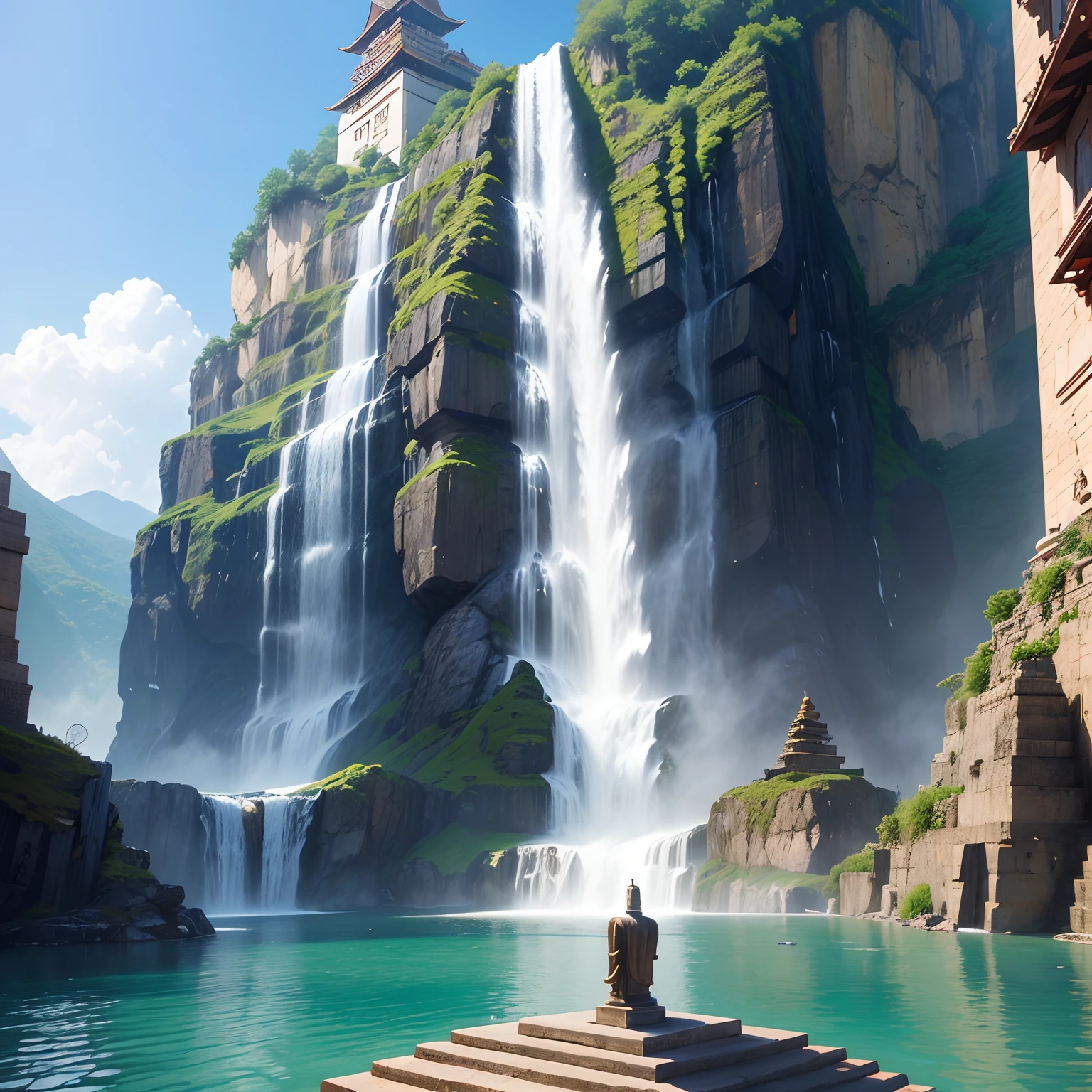 A huge Buddhist temple、Huge Buddha statue，Huge pyramid、huge waterfall，Huge staircase，​masterpiece，History of the Earth，in isekai，Masterpiece，超A high resolution，mystical，
