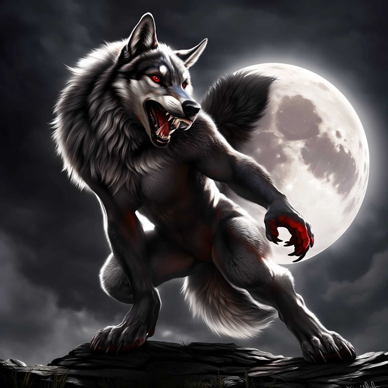 full body, ((feral)), hellhound, loona (helluva boss), looking at viewer, (snarling, angry, teeth),open mouth, tongue,  paws, female, summoning circle, night, [best quality, shaded, extreme detail, highly detailed, ultradetailed, intricate, realistic], detailed background, by Enki Bilal, by wolfy-nail, by Michael & Inessa Garmash, Ruan Jia, by drmax, ear piercing, ear ring, eyebrow piercing, eyebrow ring, notched ear, spiked collar, slit pupils, white eyes, red sclera,