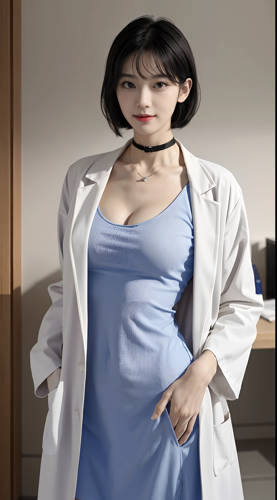 masterpiece, hot shot, ((best quality)), absurdres, perfect antomy, Tae Takemi, (Small smile), necklace, choker, dress, (Big breasts:1.3), braless, defined abdomen, labcoat, standing, doctor office background, sexy pose