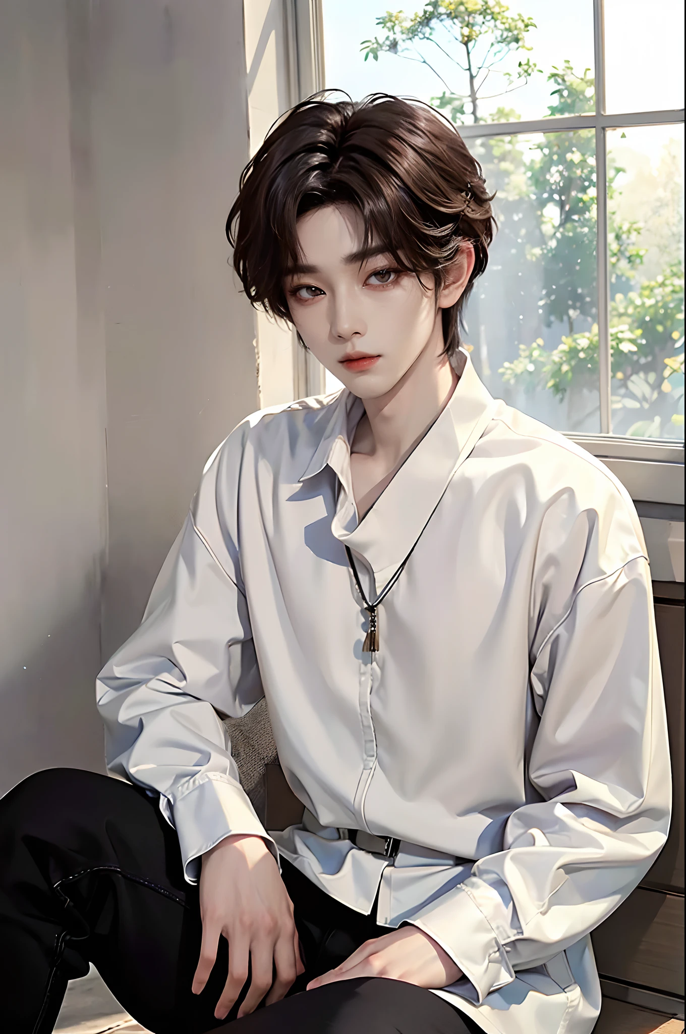 masterpiece、(top-quality)、((high-level image quality))、One Manly Boy、Slim body、((White Y-shirt and long black pants))、(Detailed beautiful eyes)、Stylish homeroom、Take a selfie while sitting with your back to the wall、Face similar to Chaewon in Ruseraphim、((short hair above the ears))、((Smaller face))、((Neutral face))、((Light brown eyes))、((Korean boy))、((18year old))、((Handsome man))、((Wild look))、((Korean Makeup))、((elongated and sharp eyes))、((Sit next to the viewer))、((selfy))、((Shot close to the face))、((Close-range shooting))