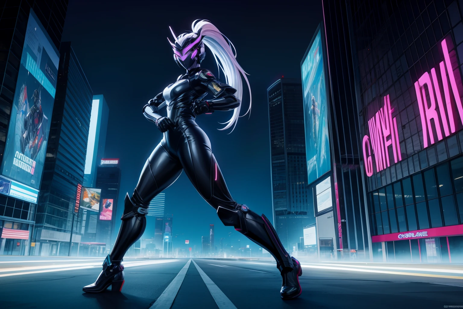 solo, super fine photo, full body picture Unreal Engine 5 8K UHD of a girl, wearing black tight shiny suit with cybernetic details, high-tech armor, long black glove, ponytail hair, half face cybernetic mask, cyberpunk character, futuristic city fantasy background, best quality, masterpiece, unified 8k wallpaper, super detailed, sharp focus, female pose