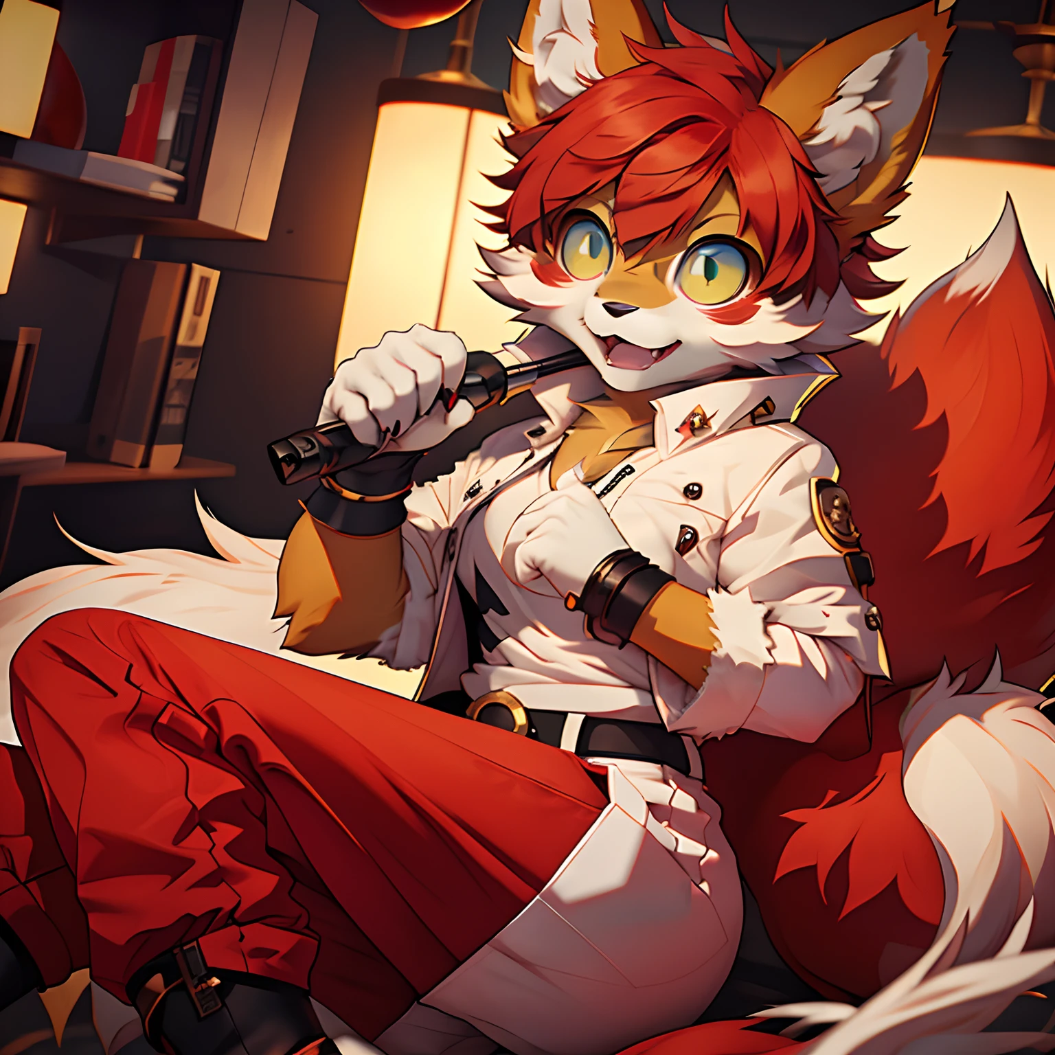 eyes with brightness,Furry,Bust photo of the character,Q version,头像框, Character focus,独奏, shaggy, Furry fox, White fur for women, Squinted eyes,clawed paws,Claws,Red hair, Fierce,White T blood,black long pants,vore