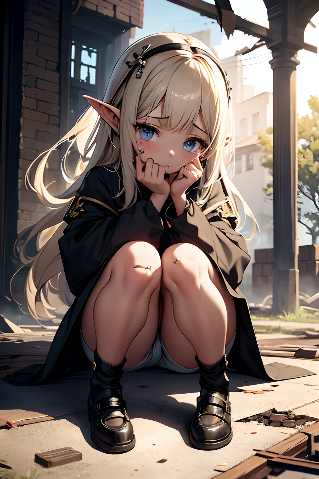 ((Masterpiece)), (Best Quality), (Over-detailed), ((Very detailed)), 4K, (8K), full body, cute and small (young girl:1.5) elf (Hight Priest), sitting on the ground, puffed out cheeks, tear-stained eyes, crying, offended face, abrasions, fell to the ground, (damaged knees:1.5), (abrasions on the knees:1.5), funny awkward pose, (dressed in (Hight Priest outfit))