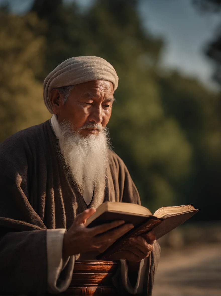 (Biblical times) On the left is an old man，Asian people，Holding a glowing book in his hand,  depth of fields, Bokeh, hentail realism, Fotorrealista, ultra-realistic realism, professional photoshooting, 8K  UHD , Digital SLR, hdr , Primary tablet, best qualityer, Granular film, photorealistic paintings, Fujifilm XT3