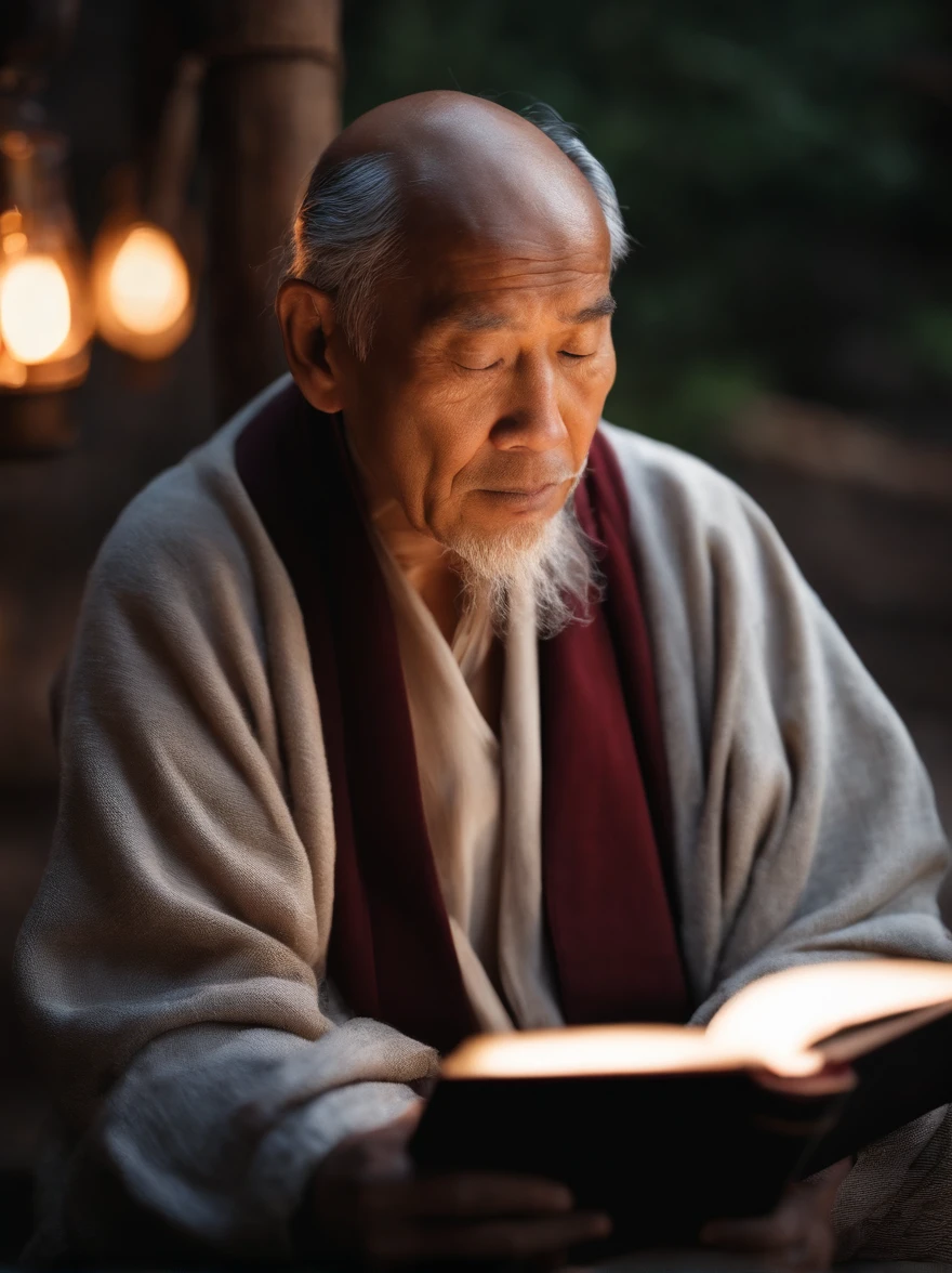 (Biblical times) On the left is an old man,Asian people,Holding a glowing book in his hand, depth of fields, Bokeh, hentail realism, Fotorrealista, ultra-realistic realism, professional photoshooting, 8K UHD , Digital SLR, hdr , Primary tablet, best qualityer, Granular film, photorealistic paintings, Fujifilm XT3