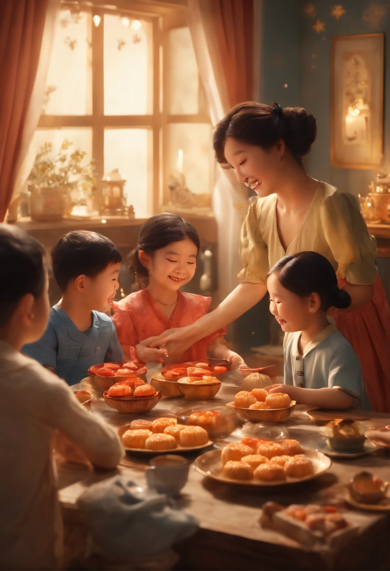 (top-quality、8K、tmasterpiece:1.3)、Full moon and stars in sky illustration，The family sits together eating mooncakes,Mom and dad laugh with the kids，Have in the living room、Bright house scene，extremely detailed face and skin，Heartwarming scene，perfect  detail