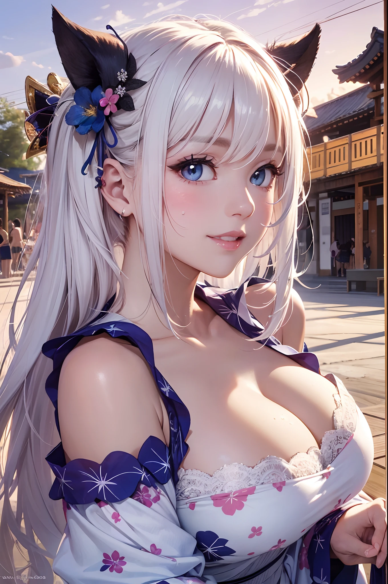 8K picture quality、top-quality、masutepiece，White color hair、Large breasts，cleavage，Off-the-shoulder attire，super high image quality、ultra - detailed、Ultra-realistic hair quality、Vibrant colors、Beautuful Women、Beautiful long hair、Shiny hair、detailed hairs、blue mesh、poneyTail、Blue eyes、shiny skins、Lace underwear、extremely giant breasts、Sweaty forehead and cheeks、Huge ass、Fluffy off-the-shoulder yukata、A smile、soft pink lips、Ultra-realistic flesh、Red cheeks、summer festival in background