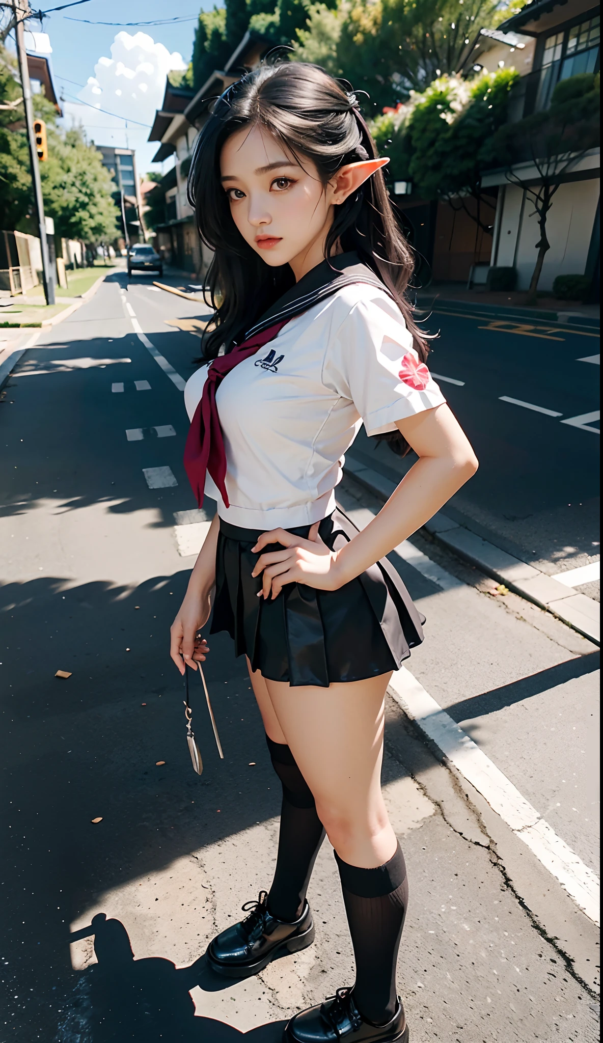 (Japanese-style school,the cherry trees:1 Elf beauty,standing on your feet,a sailor suit), tmasterpiece, best qualtiy, RAW photogr,Meticulous facial portrayal,realisticlying, Incredibly Ridiculous res,(Elf long ears), ear studs,hair pin, (Long flowing silver-black hair:1.9),eye shadows,(a sailor suit),eardrop,foot ring,short skirt,(Black sport socks)(Black half-knee socks),(Black sport socks),(Low-heeled leather shoes),two longer legs,depth of fields, A high resolution, ultra - detailed, filigree, RAWE is very detailed, very detailed eyes and faces, Sharp pupils, realistic pupil, tack sharp focus, cinmatic lighting,full bodyesbian,Bigboobs,long leges,From the front side,dynamicposes,Normal posture,closeup of face