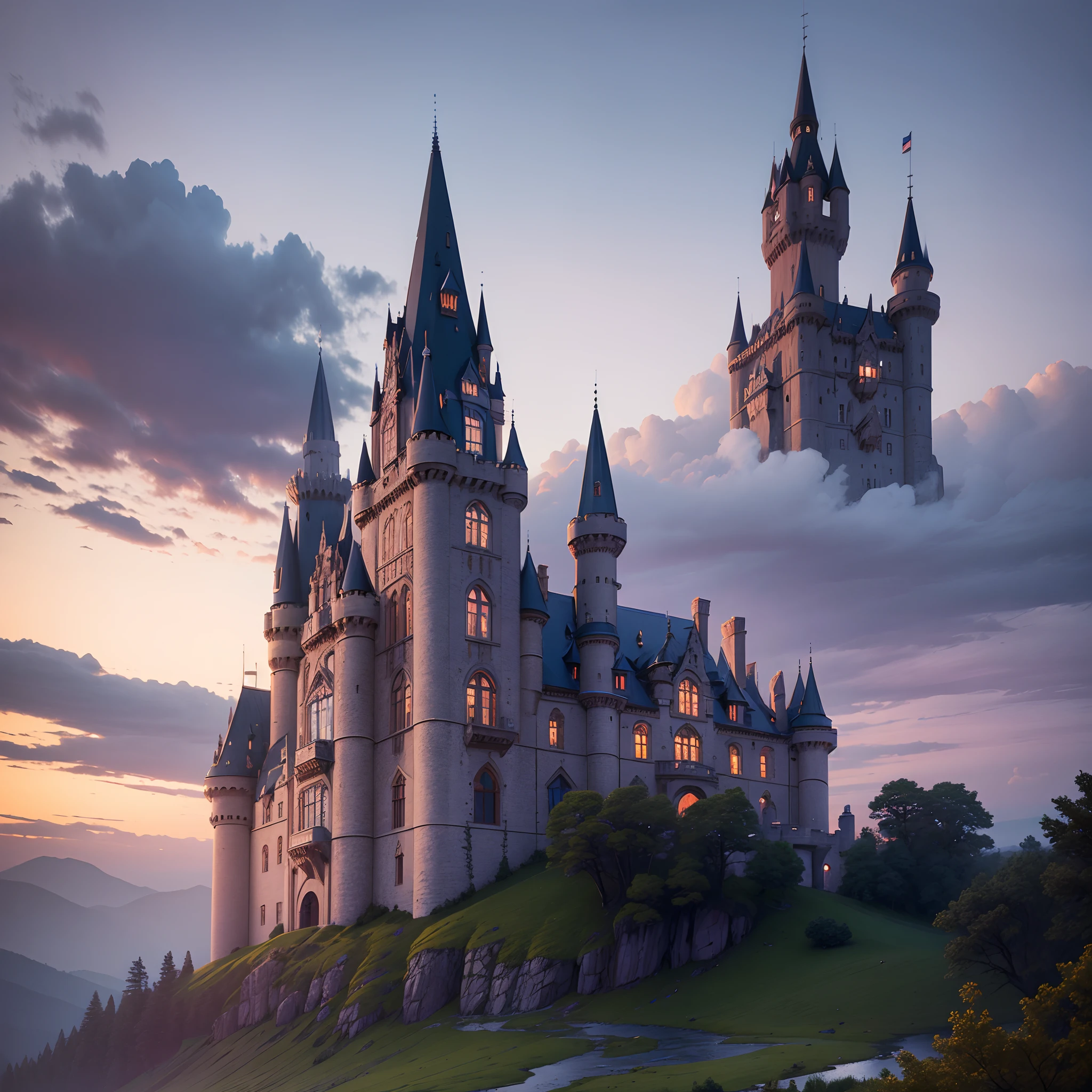 a majestic castle with sapphire-topped turrets, standing tall against a twilight sky.