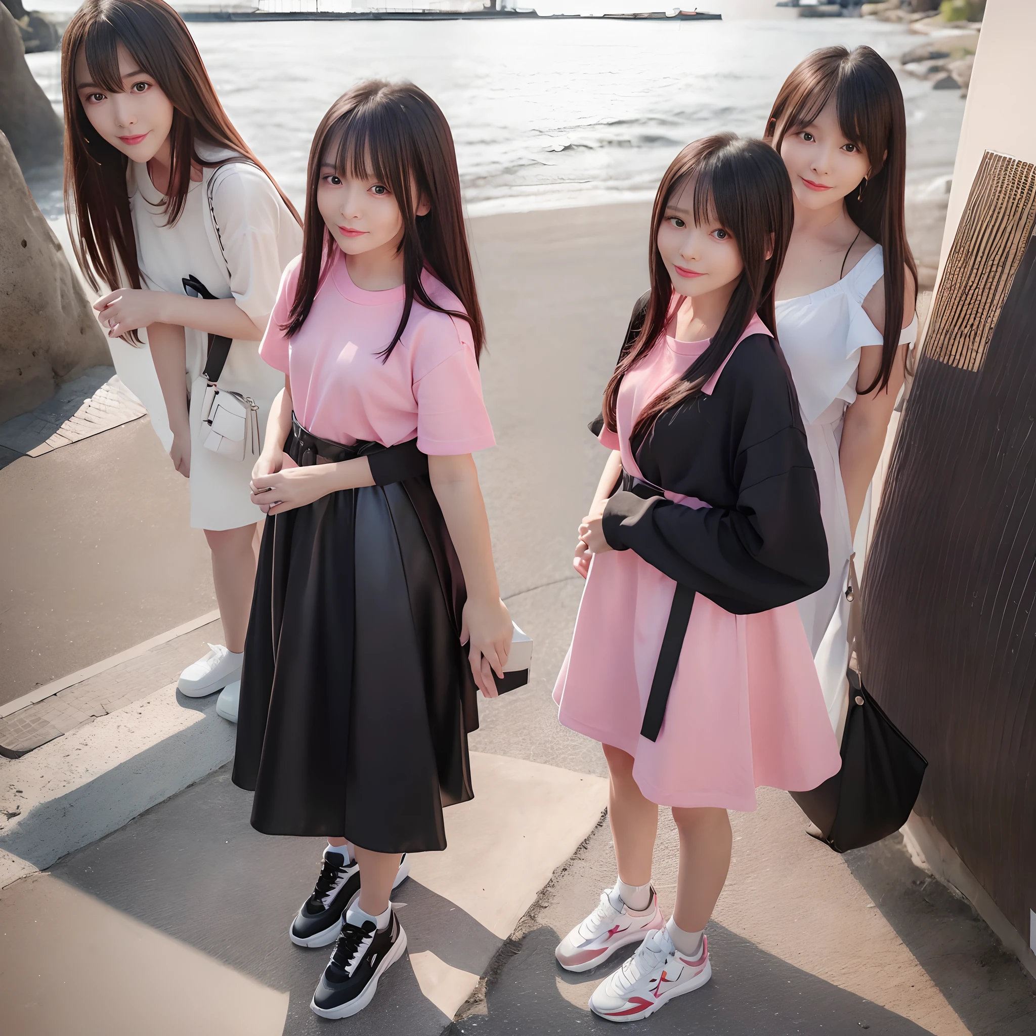 At an art gallery in Tokyo, A slender, tall, Intelligent young Japan woman with long bangs hair in a full body black dress; Next to her is、Human-sized frog wearing Gucci trainers stands; Standing between them is、I'm a smiling 13-year-old woman who took a shortcut......., Bright pink t-shirt with deep brown bangs、Keep the entire screen at an angle、Align views from the right side of the screen, taking selfie., 8K