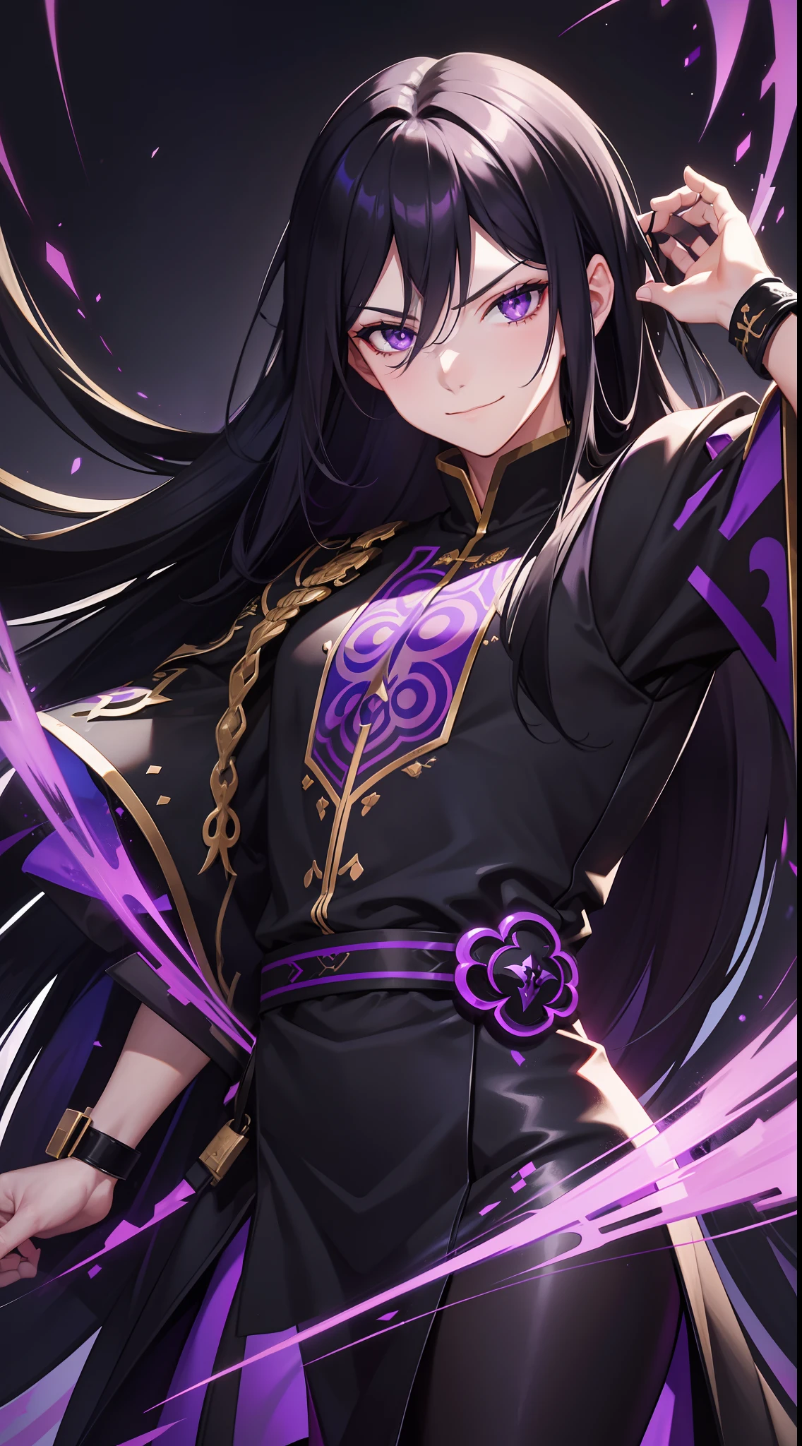 Adult guy, long black hair, violet eyes, smirk, fiadem, purple royal ninja, gold elements, Masterpiece, hiquality, 4k, HD, Good detail