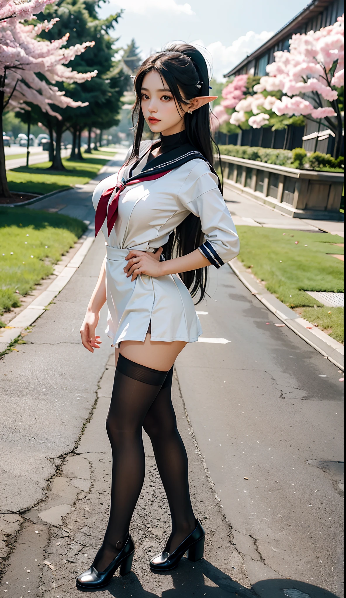 (Japanese-style school,the cherry trees:1 Elf beauty,standing on your feet,a sailor suit), tmasterpiece, best qualtiy, RAW photogr,Meticulous facial portrayal,realisticlying, Incredibly Ridiculous res,(Elf long ears), ear studs,hair pin, (Long flowing silver-black hair:1.9),eye shadows,(a sailor suit),eardrop,foot ring,short skirt,(Black sport socks)(Black half-knee socks),(Black sport socks),(Low-heeled leather shoes),two longer legs,depth of fields, A high resolution, ultra - detailed, filigree, RAWE is very detailed, very detailed eyes and faces, Sharp pupils, realistic pupil, tack sharp focus, cinmatic lighting,full bodyesbian,Bigboobs,long leges,From the front side,dynamicposes,Normal posture,closeup of face