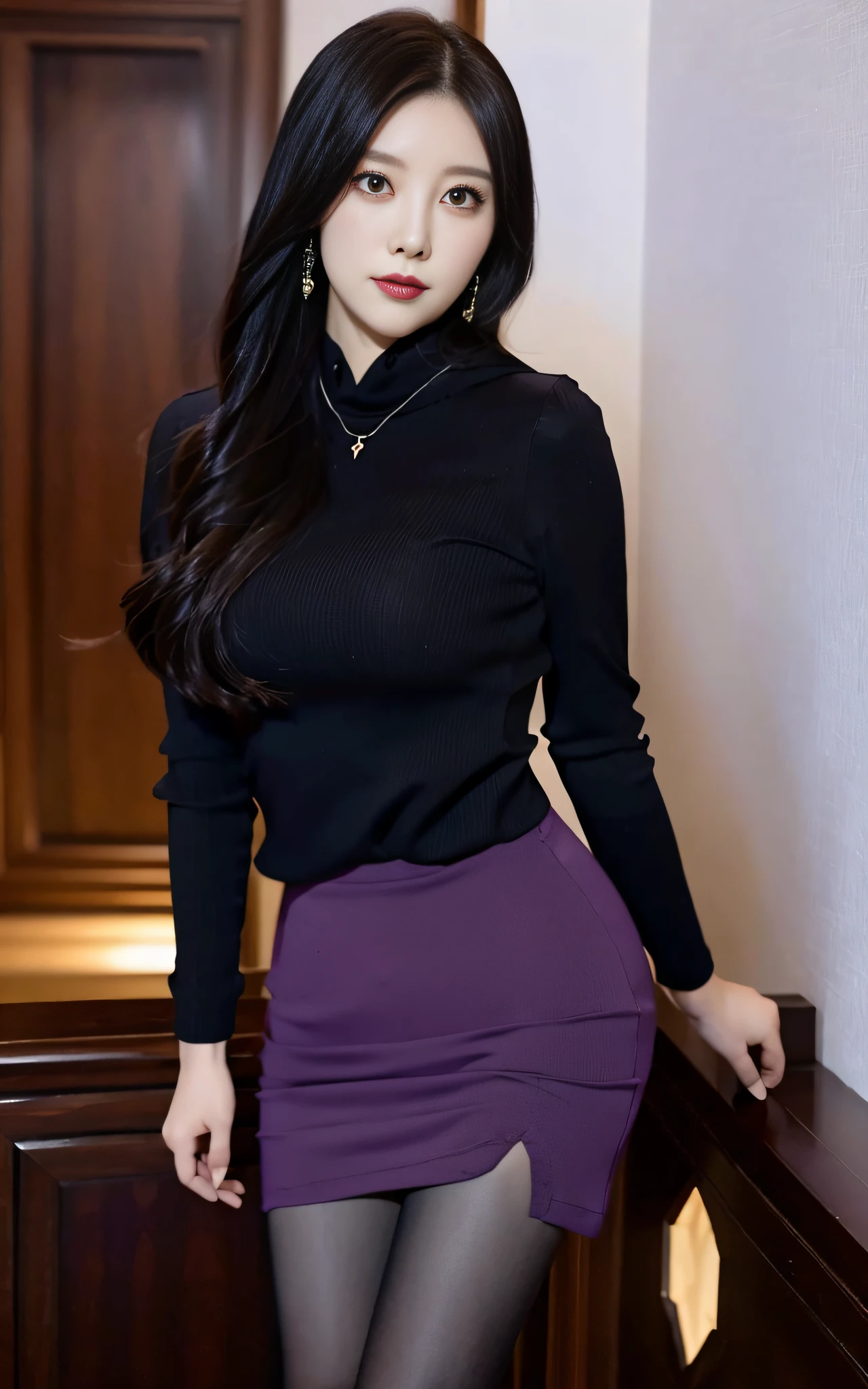 Charming Japanese style beauty、Brown hair、Evil Female Executive、Night city、Move ki、The Darkness、seductiv、Brainwashed、Retrofit equipment、Evil Fall、wicked、darkness、Purple Eyeshadow、black pantyhose、Black pleated skirt、Dark