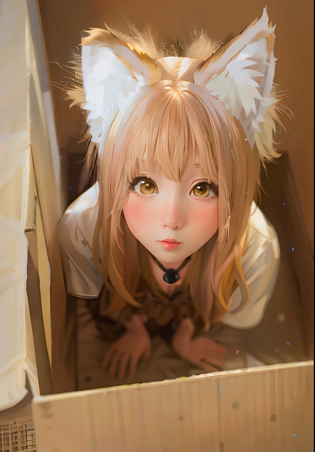 Inside the carton was a  girl with cat ears, very beautiful cute catgirl, Photorealistic anime, hyper realistic anime, Girl with fox ears, Anime girl cosplay, kawaii， beautiful young catgirl