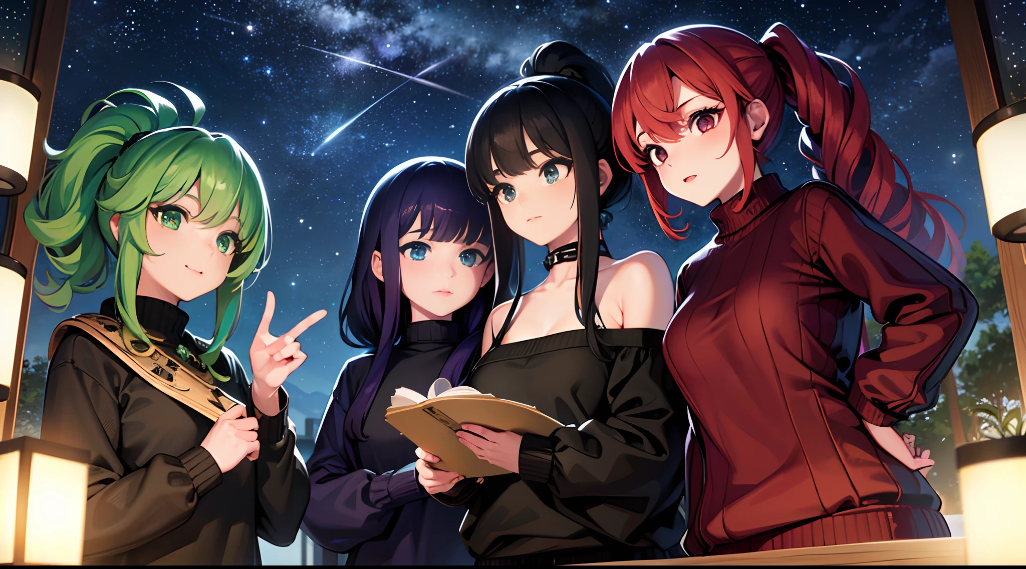 masterpiece, lots of detail, 4k, 8k, ((ultra-detailed)), highres, 3girls, sweater, looking up, stargazing, night, galaxy, wide shot, {red hair|green hair|black hair|blue hair}, {ponytail|short hair|long hair|curly hair}