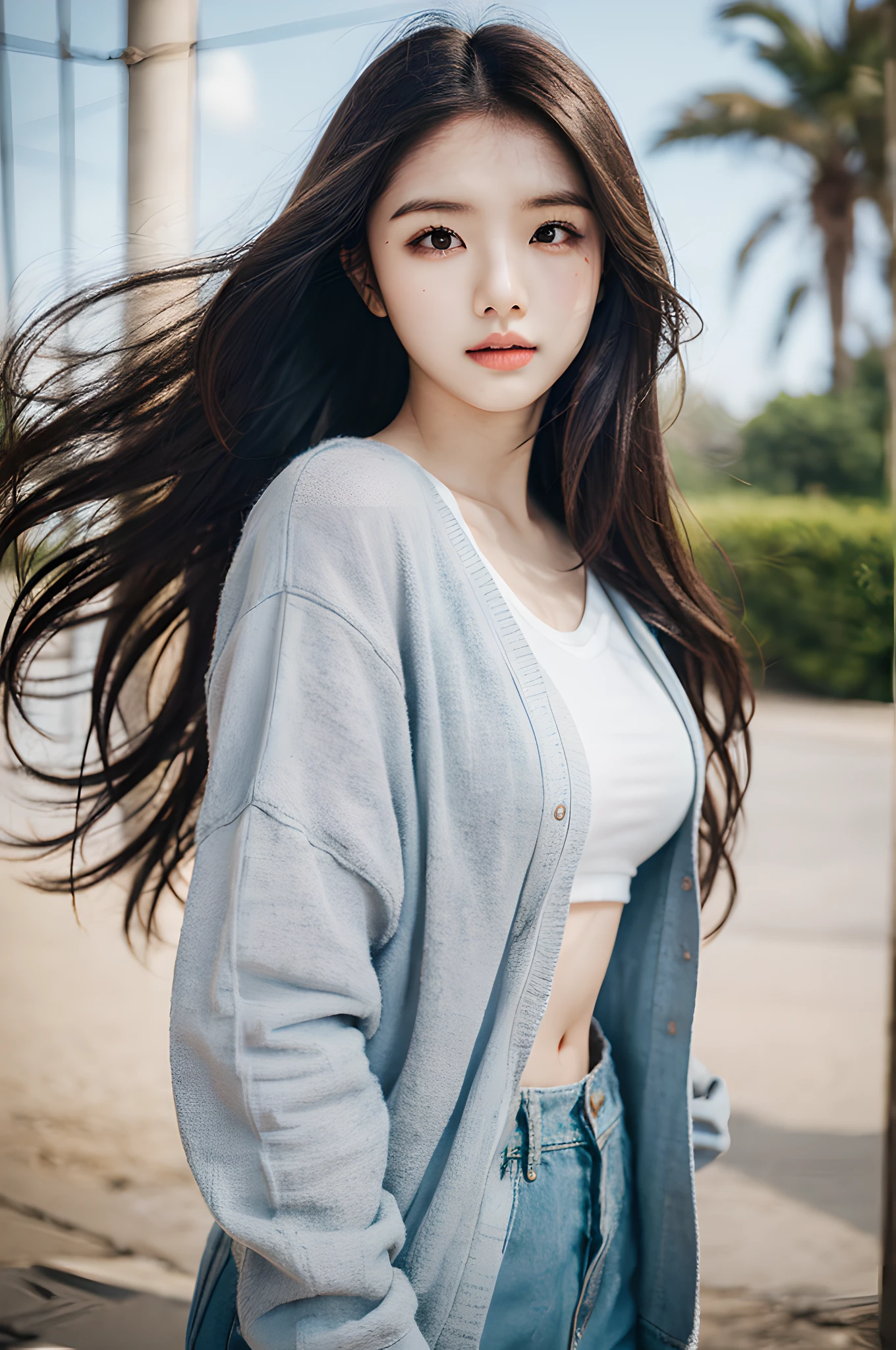 instagram photo, young woman, hair blowing in the wind, everyday clothes, depth of field, (gorgeous:1.2), soothing tones, muted colors, high contrast, (natural skin texture, hyperrealism, soft light, sharp), Cannon EOS 5D Mark III, 85mm