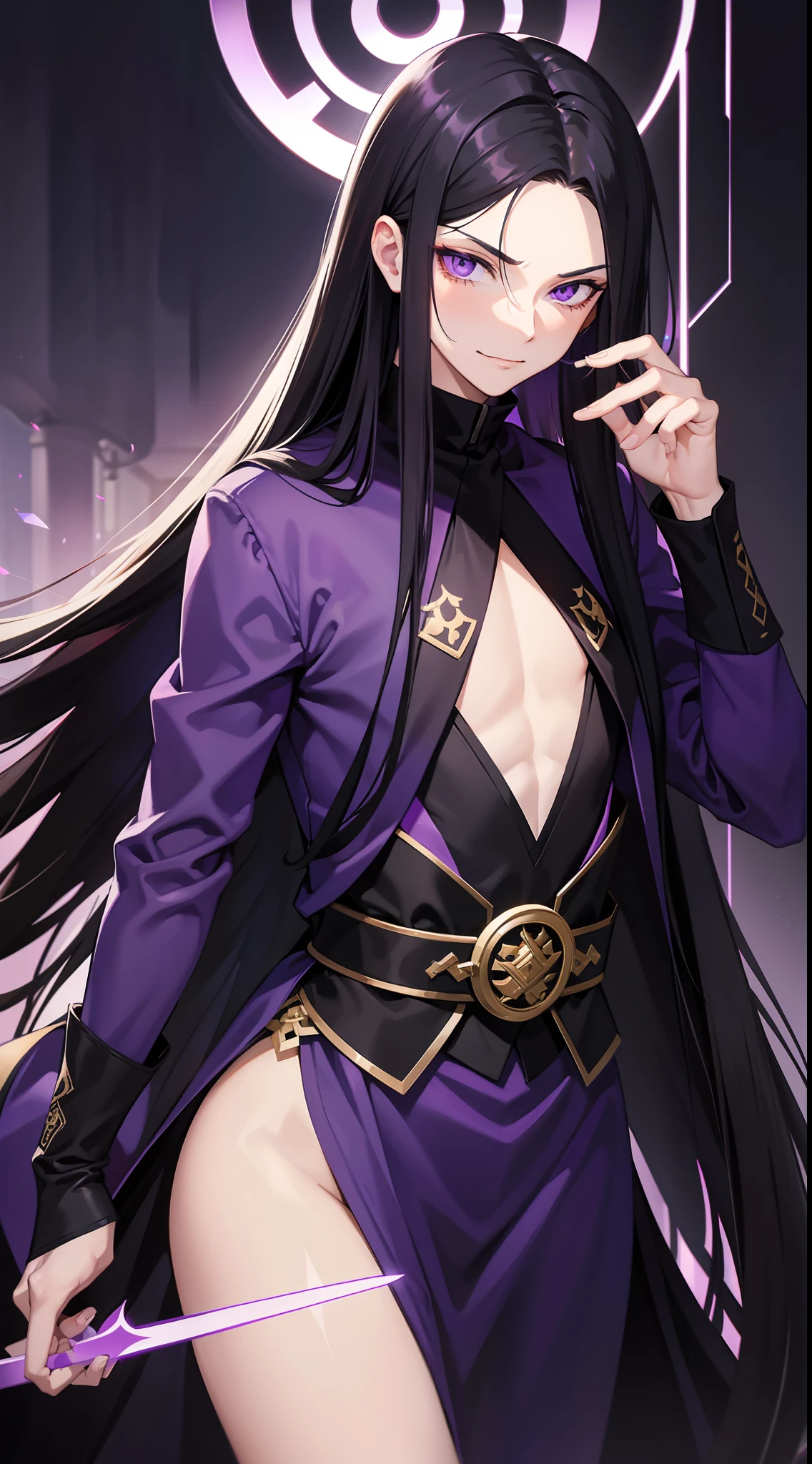 Adult guy, long black hair, violet eyes, smirk, fiadem, purple royal ninja, gold elements, Masterpiece, hiquality, 4k, HD, Good detail
