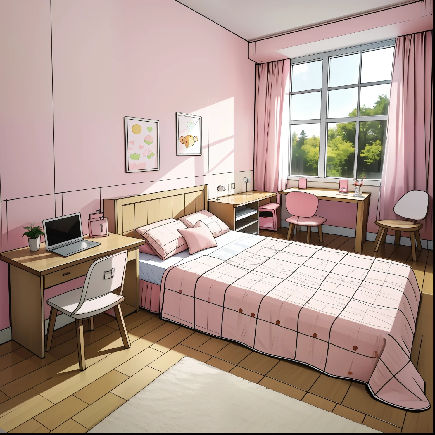 Bedroom scene，Right perspective，Beds，Pink mattress，Brown bear dolls，An open window，There are curtains，Computer desk，laptop，Wooden photo frame