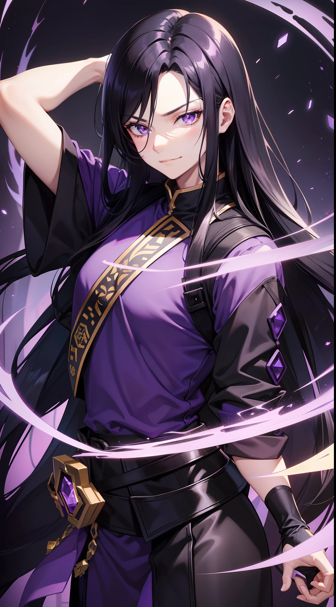 Adult guy, long black hair, violet eyes, smirk, fiadem, purple royal ninja, gold elements, Masterpiece, hiquality, 4k, HD, Good detail