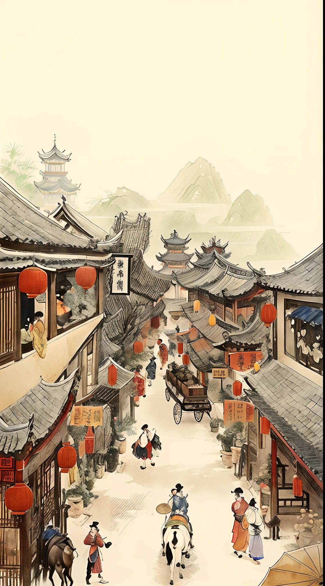 There are many people walking through the bustling streets of the Tang Dynasty in China, dreamy Chinese towns, Chinese watercolor style, Chinese village, Chinese style painting, Chinese painting style, author：Qu Leilei, Traditional Chinese watercolor,  ancient china art style, by Ni Yuanlu, old asian village, chinese brush pen illustration, A beautiful artwork illustration,