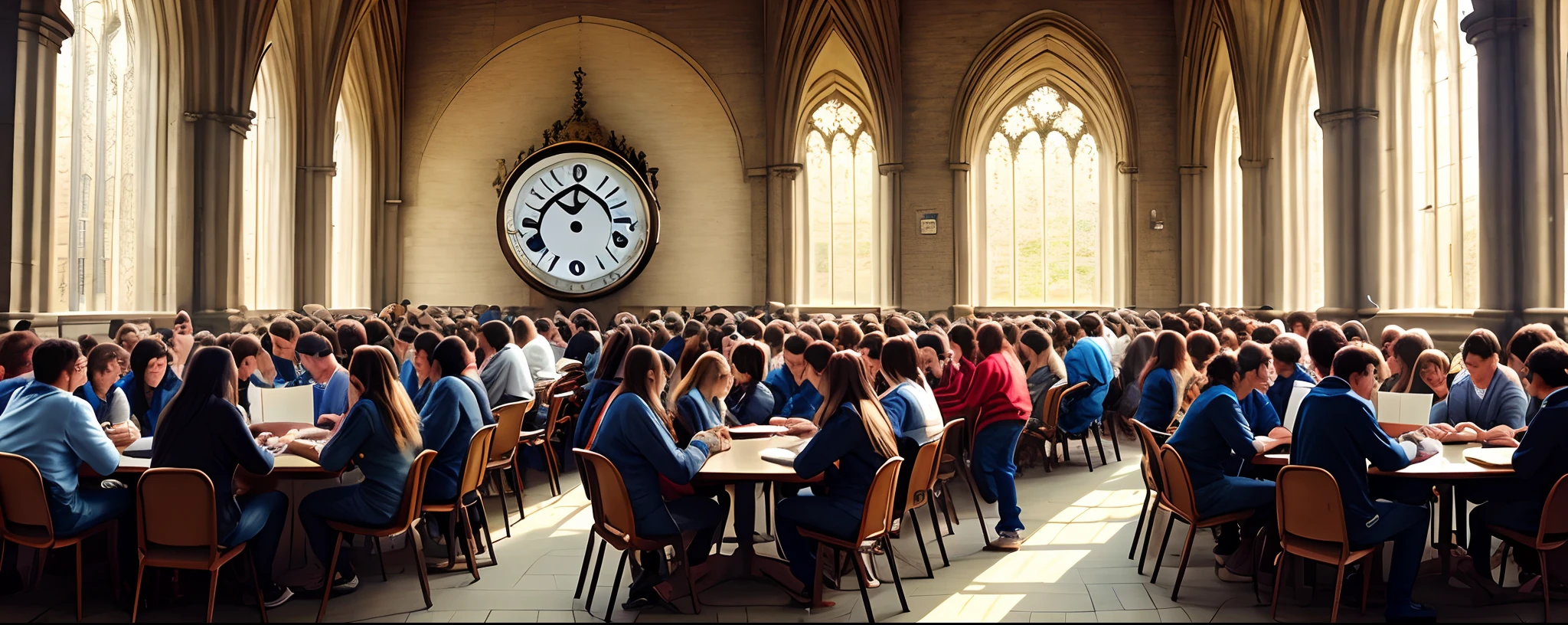 Hyper realistic england university scene with a big clock large field over crowded with students
students talking to each other walking inside the university some are standing in groups with their books held in hands a wide view main building seems to be like of 90's 8k quality image