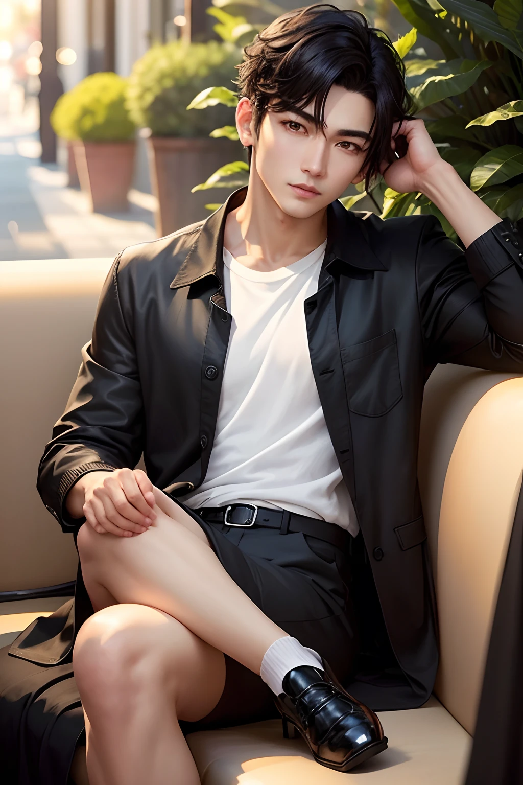 hightquality、Realistic facial features、A man sitting in a fashionable café in the sunshine、Man in T-shirt and black jacket、Black Hair Center Farewell、Short hair、Similar to actor Ji Chang Wook、he has an elongated head shape、Men with a classy atmosphere、Clean face、Fashionable clothes、slightly flabby eyes and parallel eyebrows,,、Friendly atmosphere