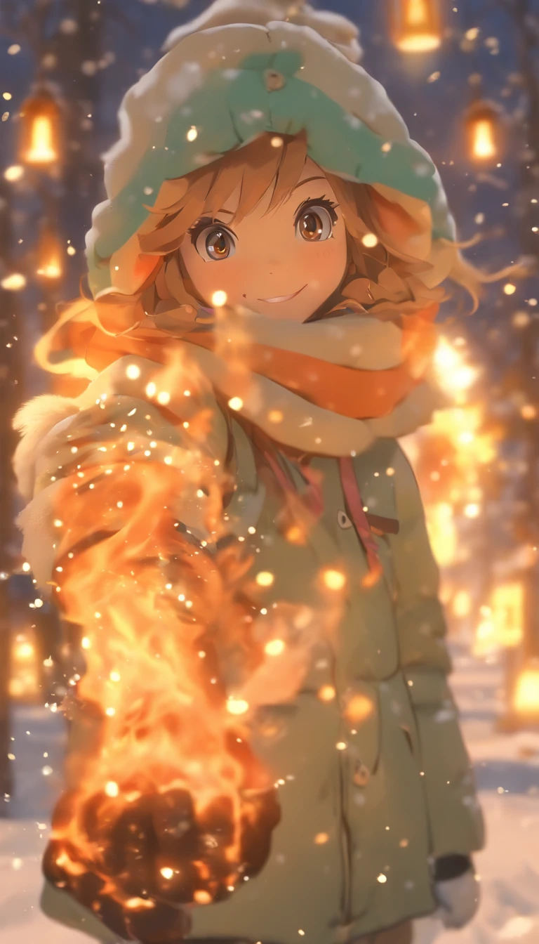 A little girl in a down jacket camps by the river，Winter is snowy，The girl drilled wood for the fire，A small fire，Little girl grilling fish over a small fire，wearing gloves，Wear a scarf，The little girl smiled happily，Children's illustration style，Full body like，Department of Healing