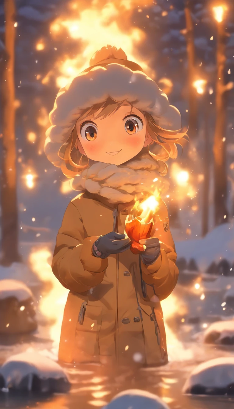 A little girl in a down jacket camps by the river,Winter is snowy,The girl drilled wood for the fire,A small fire,Little girl grilling fish over a small fire,wearing gloves,Wear a scarf,The little girl smiled happily,Children's illustration style,Full body like,Department of Healing