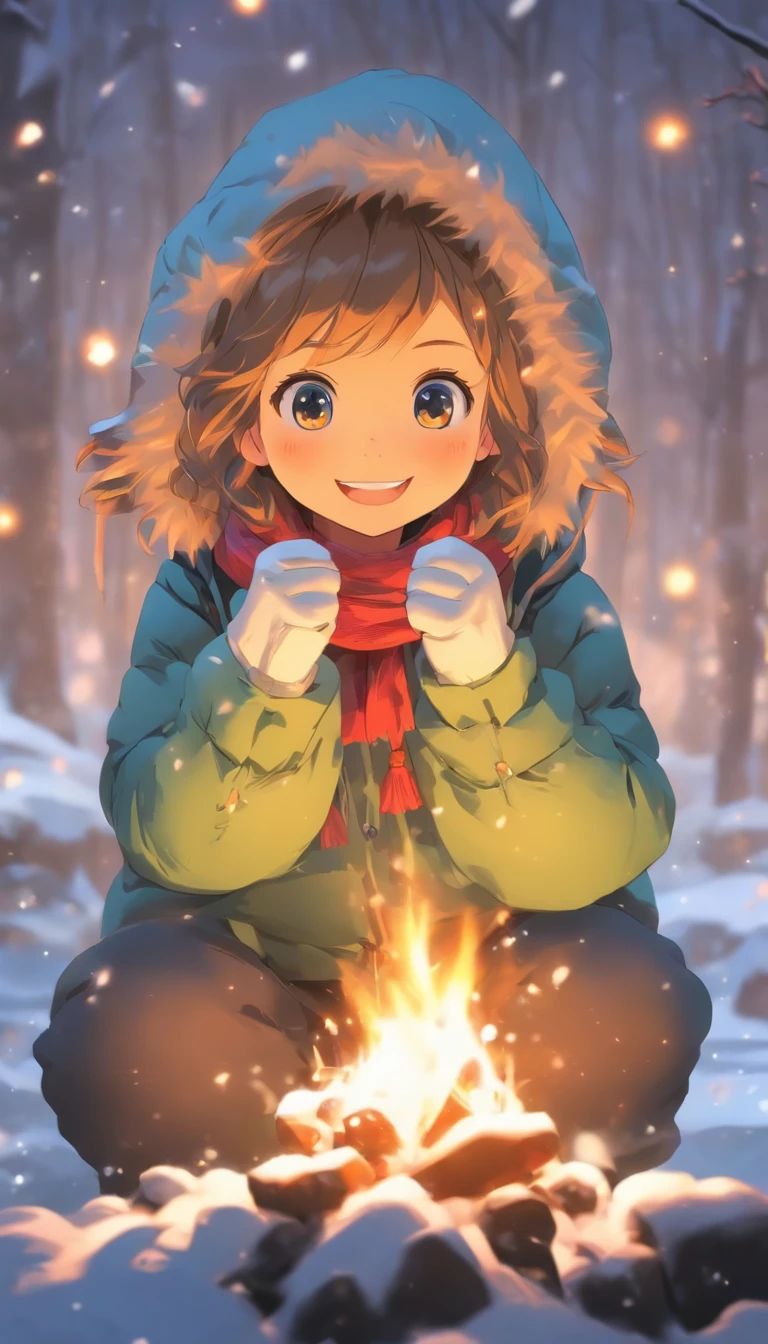 A  in a down jacket camps by the river，Winter is snowy，The girl drilled wood for the fire，A small fire，Little girlish over a small fire，wearing gloves，Wear a scarf，The little girl smiled hapen's illustration style，Full body like，Department of Healing