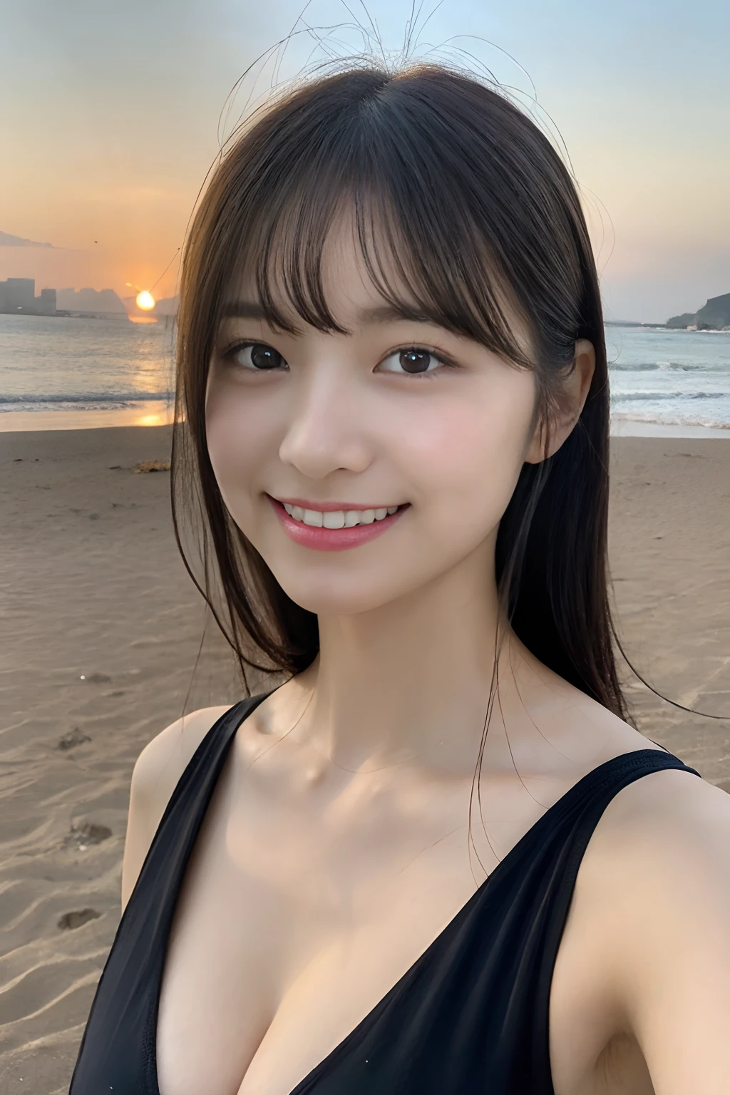 ((Close-up of the upper body only、Reflecting the chest))、(realisitic、Photorealsitic、ultra-detailliert、Highest Details Skins、top-quality、​masterpiece、超A high resolution)、Cute Japan Woman、18year old、hi-school girl、younggirl、1 girl in、I have bangs、二重まぶた、drooing eyes、Large black eyes、Japanese style face、Cute smile、Charming、purity、Straight face、double tooth、View here、Realistic skin type、the beach、Colorful micro bikini、short-cut、Wheat-toned skin、cleavage of the breast、Evening glow、early evening、the setting sun