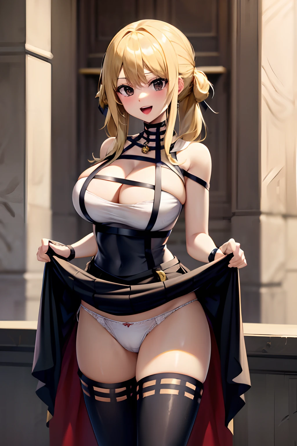 Master masterpiece, top-quality, High Definition, , Lucy Heartphilia, blonde  hair, length hair, large full breasts, Smile with open mouth, Solo、absurderes、Black Dress、black thighhighs、Fingerless gloves、cleavage of the breast、plein air、(Skirt lift:1.3), (white  panties:1.3)、(Skirt that rolls up:1.3)、(Fully exposed panties:1.5)、is standing