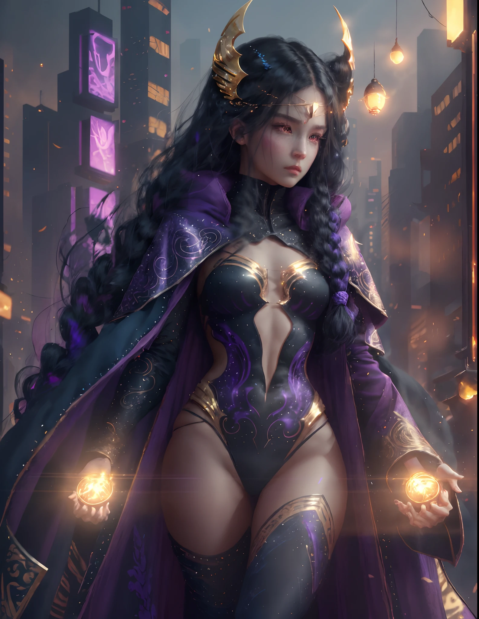 Dark Cyberpunk City、Villain Phantom、Insect humans、、Wearing a gold and white cloak、Wearing a black and purple tribal print bodysuit、28-year-old woman, Very long hair, Golden hair standing on end、,Purple face with a sense of fear、Coat of arms on the forehead、Eyes glow、masutepiece, Hyper realistic, 8K, Bokeh, Fire Luminescent, The body glows blue --auto --s2
