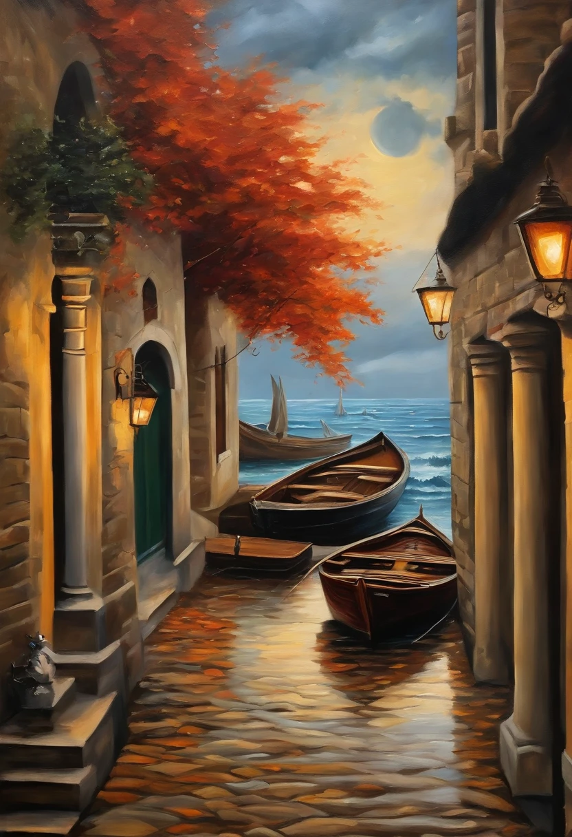 Real picture((oil painted))Landscape painting,acrycle painting,With unparalleled realism,ultrawide,ominous skies,Sail ships,Wooden boats,Huge waves,Starry night,Harry Potter,voluminetric lighting,Clearing,Realistic,Vortex Naruto,art stations,((oil painted))