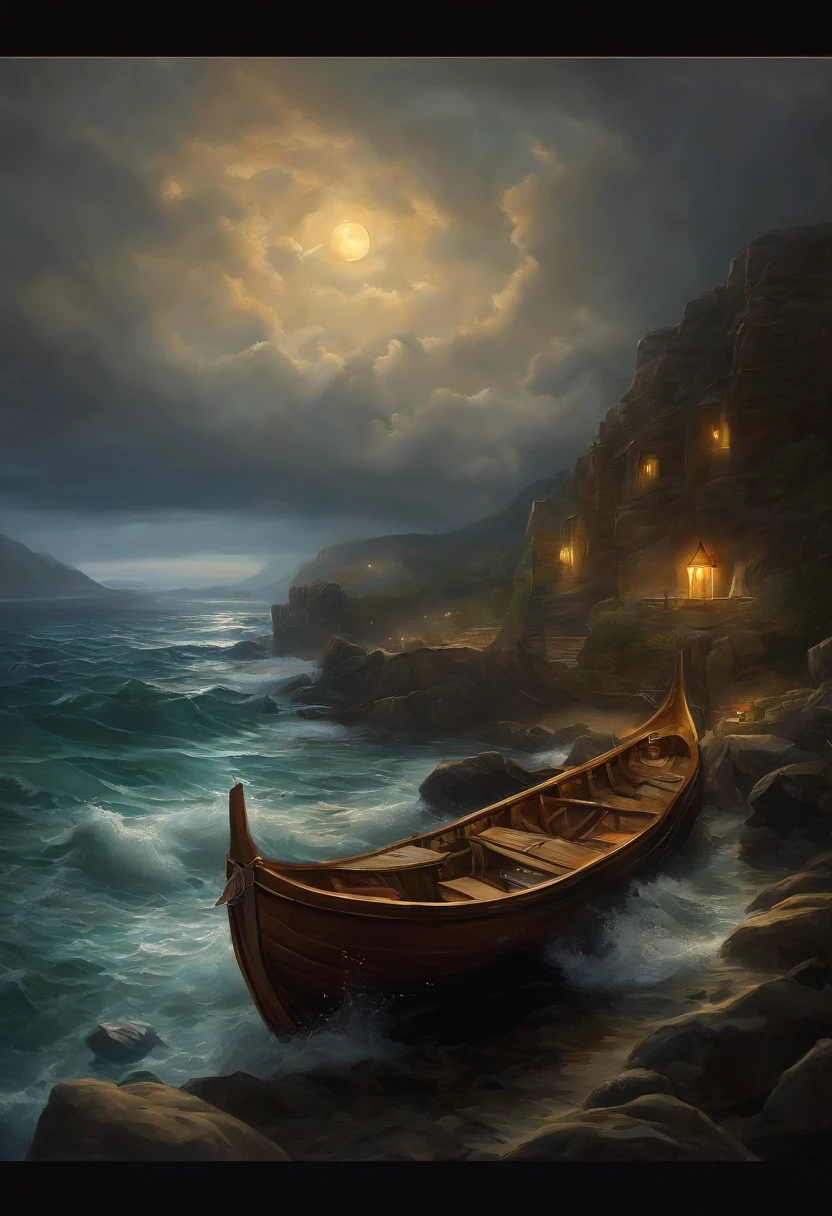 Real picture((oil painted))Landscape painting,acrycle painting,With unparalleled realism,ultrawide,ominous skies,Sail ships,Wooden boats,Huge waves,Starry night,Harry Potter,voluminetric lighting,Clearing,Realistic,Vortex Naruto,art stations,((oil painted))